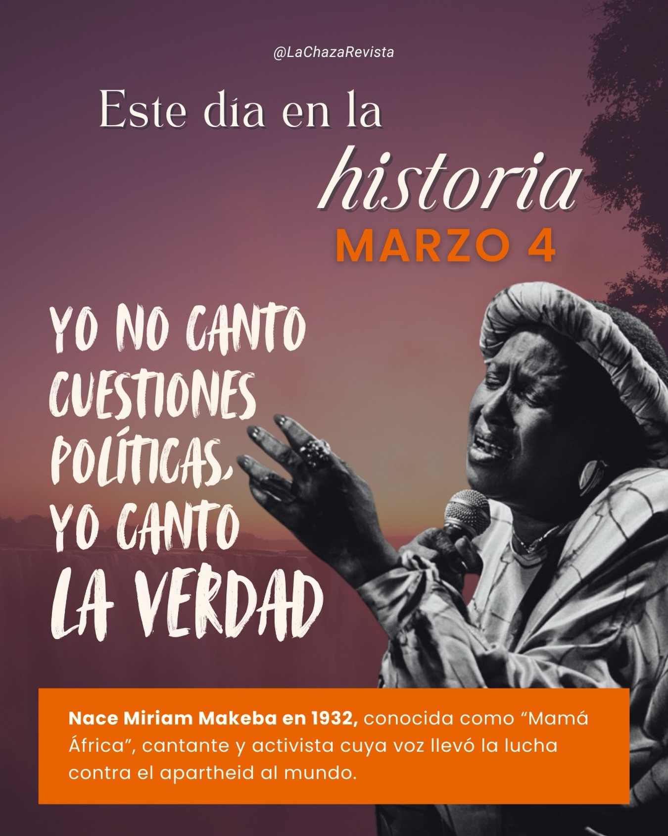 Este día en la historia — Marzo 4 ✨
En 1932 nace Miriam Makeba, conocida como “Mamá África”, cantante y activista sudafricana cuya voz se convirtió en símbolo de resistencia y dignidad frente al apartheid.
Su música trascendió escenarios y fronteras, llevando al mundo no solo ritmos africanos, sino también un mensaje firme de justicia y verdad.
✨ “Yo no canto cuestiones políticas. Yo canto la verdad.”
Recordamos hoy a una artista que hizo del arte una forma de lucha y memoria.
#Efemérides #MiriamMakeba #MamaAfrica #Historia #MúsicaConMensaje