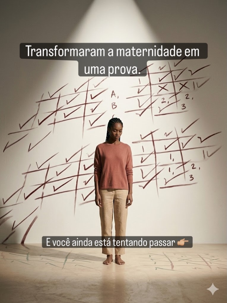 Às vezes você não está cansada da maternidade.
Está cansada de se medir o tempo inteiro.
De calcular se fez certo.
Se fez o suficiente.
Se aguentou o bastante.
Se outra mãe faria melhor.
Cansa performar.
Cansa tentar alcançar um padrão que ninguém sabe exatamente qual é,
mas que todo mundo parece estar seguindo.
Você não está exausta do seu filho.
Está exausta desta régua invisível.
Da comparação silenciosa.
Da nota imaginária.
Do julgamento que você mesma aprendeu a repetir.
E o mais cruel?
Você chama isso de “ser responsável”.
Mas responsabilidade não é se torturar.
Não é competir.
Não é viver em estado de avaliação constante.
Talvez você não precise ser uma mãe melhor.
Talvez você precise parar de tentar passar numa prova que nunca existiu.
Me conta:
quando foi a última vez que você fez algo na maternidade sem se avaliar depois?
E se esse texto fez sentido, envia para outra mulher que também anda se cobrando em silêncio. 🤍