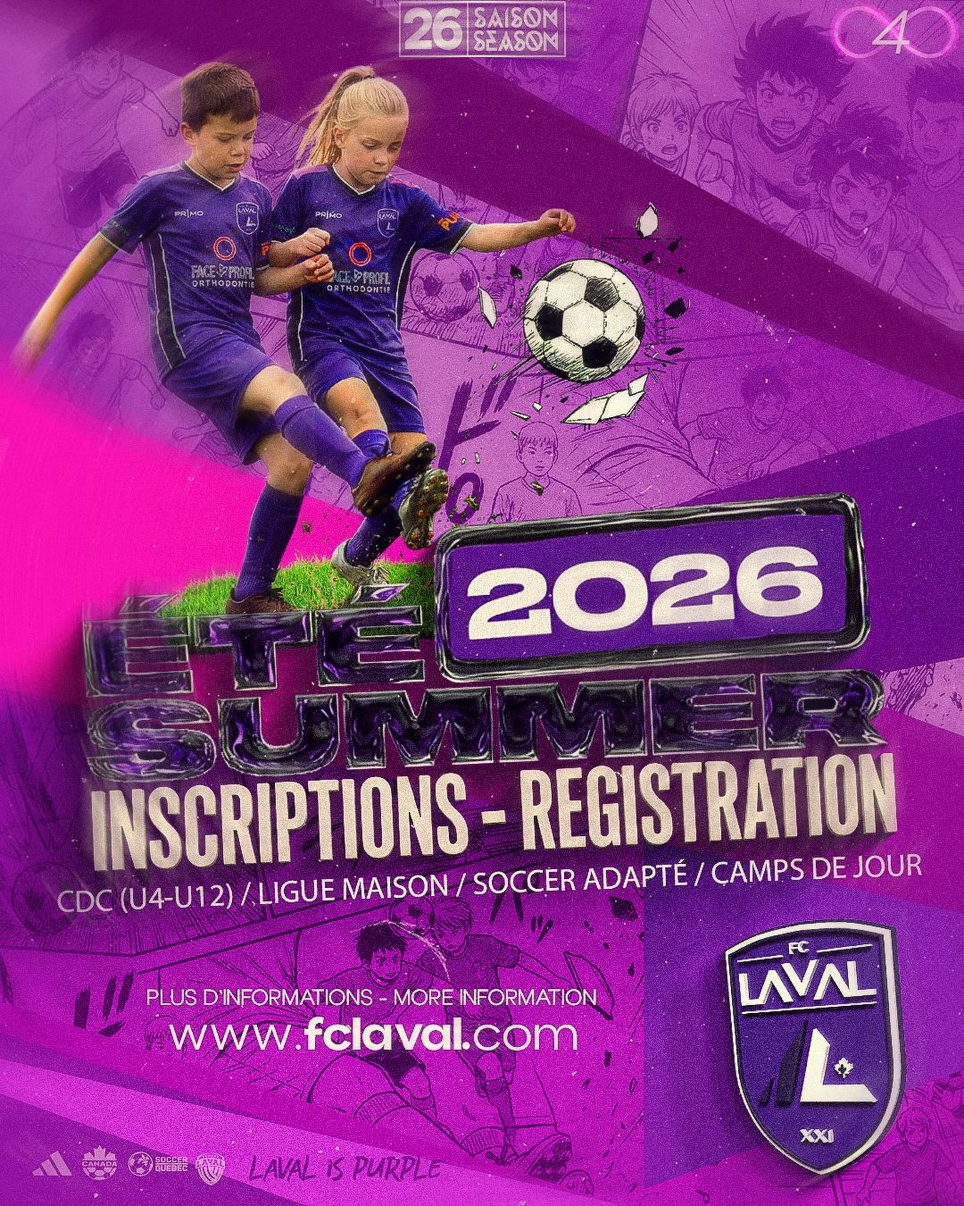 🌟 Inscriptions / Registration 2026
Les inscriptions pour la saison 2026 sont OUVERTES! 💜⚪️⚽️
CDC U4‑U12 (2022‑2014), Ligue Maison U13‑U18 (2013‑2008) et Soccer Adapté… tout est lancé! 🔥
Registration for the 2026 season is now OPEN! 💜⚪️⚽️
CDC U4‑U12, House League U13‑U18, and Adapted Soccer are officially underway! 🔥
Pour l’inscription en ligne ou pour consulter les détails des programmes, visitez www.fclaval.com ou cliquez sur les liens ci‑dessous 👇🏼 (aussi dans notre bio!).
To register online or view full program details, visit www.fclaval.com or click the links below 👇🏼 (also in our bio!).
📍 Inscription sur place / Registration in person
1450 boul Pie‑X, Laval, H7V 3C1
🕒 Heures de bureau / Office hours
Mardi & jeudi / Tuesday & Thursday : 17h–20h / 5pm–8pm
Samedi / Saturday : 9h–12h
Du 7 mars au 25 avril — fermé le 4 avril
From March 7 to April 25 — closed April 4
—
👇🏾 Inscriptions 2026 / 2026 Registration
CDC
🔗 https://www.fclaval.com/cdc
Ligue Maison / House League
🔗 https://www.fclaval.com/en/liguemaison
Spordle
🔗 https://page.spordle.com/fr/fc-laval/register
Soccer Adapté / Adapted Soccer
📝 Sur place / On‑site registration
Camps de Jour / Day Camps
Info à venir / Info coming soon
💜💜💜
#fclaval
#lavalispurple 💜💜💜
#womensoccer
#soccer
#fcl