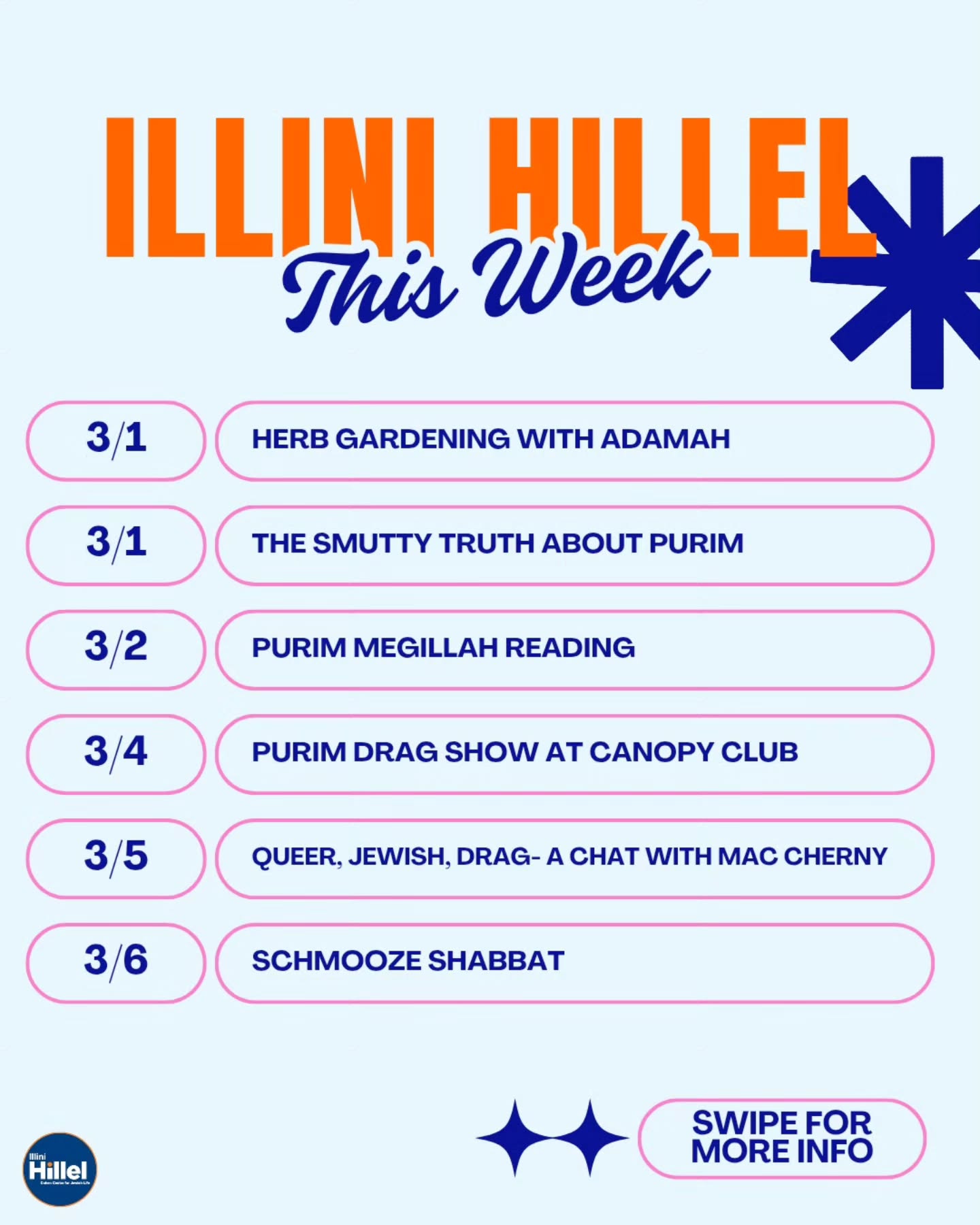 Happy Sunday! Check out what's happening this week at Hillel ➡️