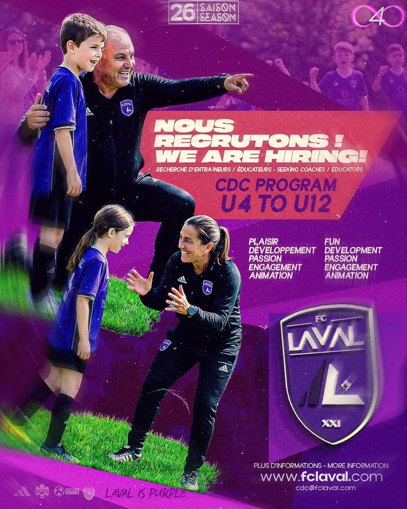 ⚽ Rejoins notre équipe d’éducateurs et éducatrices CDC! 💜
Notre Centre de Développement de Club (U4 à U12) recherche des personnes passionnées, dynamiques et prêtes à accompagner nos jeunes joueurs dans un environnement positif, structuré et amusant 😄.
Nous recherchons des éducateurs capables :
• D’animer des séances énergiques ⚡
• De créer un climat sécurisant et motivant 💪
• De transmettre le plaisir du jeu ⚽✨
Intéressé(e)? Remplis le formulaire :
👉 https://tinyurl.com/CDC-COACH
Les candidats sélectionnés seront contactés pour une entrevue.
—
⚽ Join our CDC coaching team! 💜
Our Club Development Center (U4 to U12) is looking for passionate and energetic coaches ready to help young players grow in a positive, structured and fun environment 😄.
We’re looking for coaches who can:
• Lead dynamic training sessions ⚡
• Create a safe and motivating atmosphere 💪
• Share the joy of the game ⚽✨
Interested? Fill out the form:
👉 https://tinyurl.com/CDC-COACH
Selected candidates will be contacted for an interview.
#fclaval
#lavalispurple 💜💜💜
#womensoccer
#soccer
#fcl