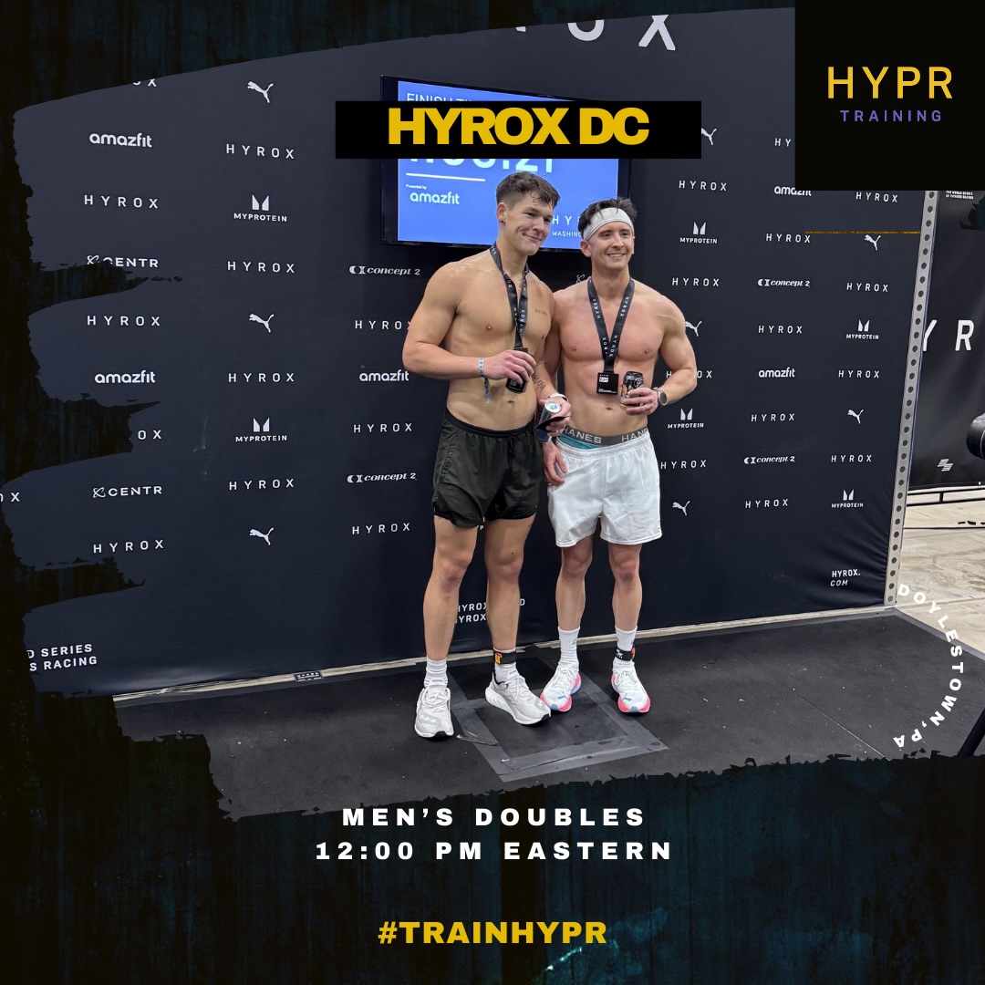 HYPR athletes locked and loaded for DC!
.
Andrew and Austin are looking to go sub 60 this weekend in men’s doubles and hit a new PR in the process!
.
We will have a link to track them in an upcoming story.
.
.
.
.
#hyrox #hyroxdc #hyroxtraining