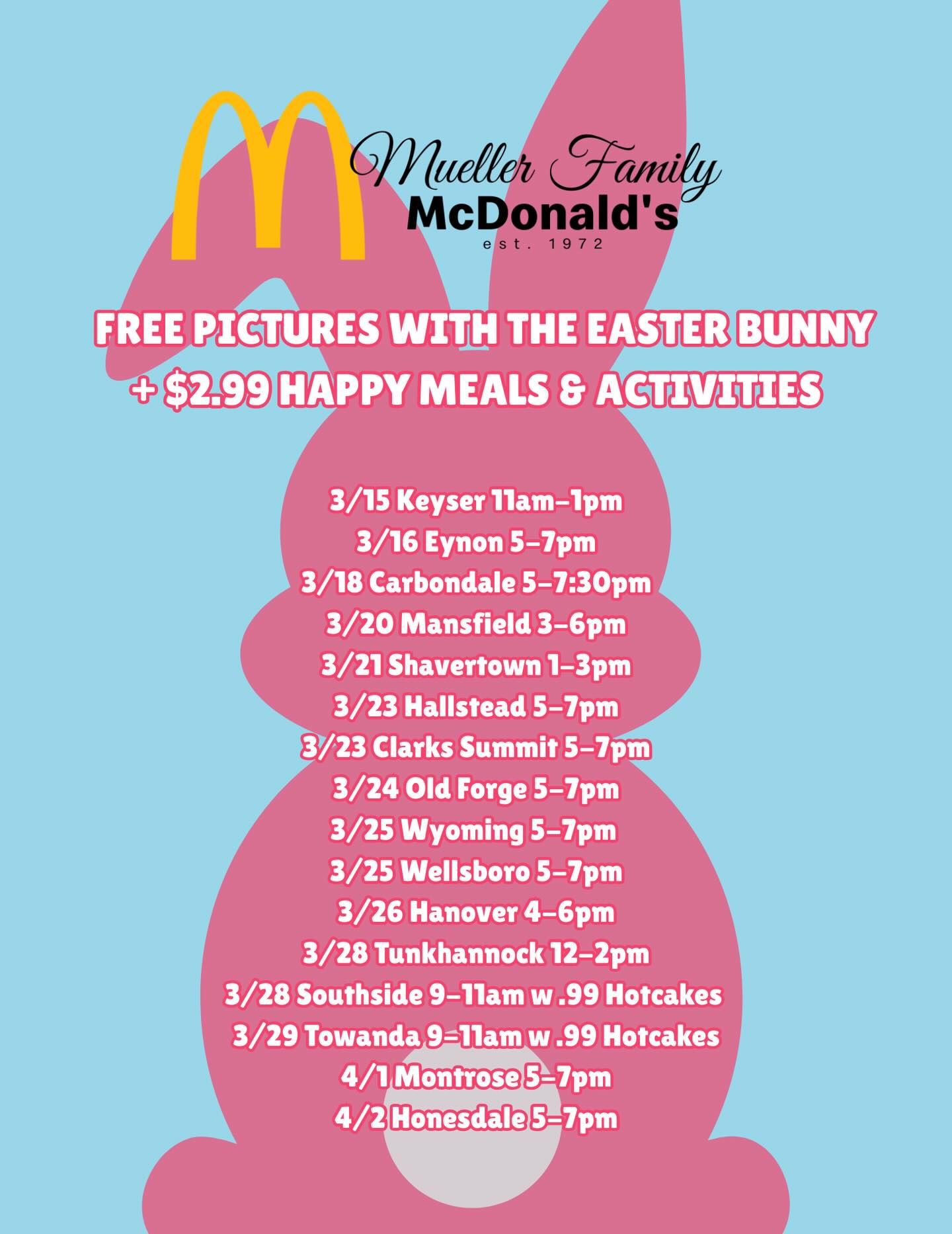 Visit a mueller McDonald's near you for free Easter fun
#mcd #nepamcdonalds #familyfun #bunnyvisits