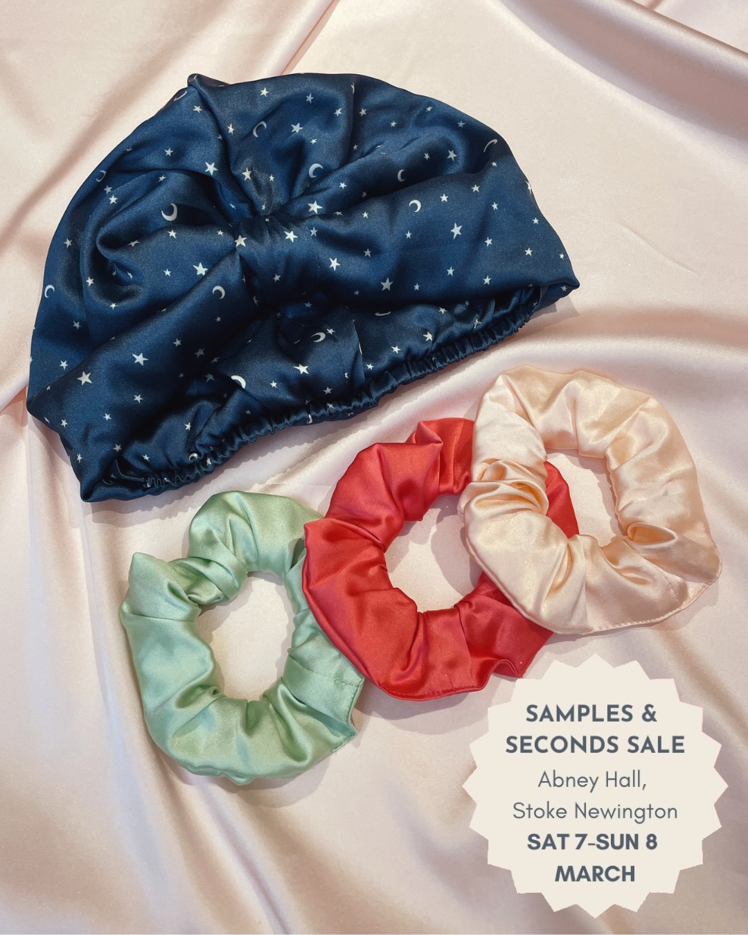 I’m excited to say I’ll be at @localmakersmarket at Abney Hall in Stoke Newington for their Samples & Seconds Sale on Saturday 7th Match!
Here’s a small selection of pieces I’ll be bringing along. The scrunchie vending machine has been loaded up with scrunchies made of different fabrics from my own personal stash and there will be plenty of my scrap busting colour block silk scrunchies too. Nearly everything will be at least 50% off RRP so it’s a great chance to pick up some pieces at a discount!
Image description- 1. A navy blue silk sleep cap with white star and moon print alongside three silk scrunchies in pale mint green, bright coral and pale peach pink. There is a pale peach shape added with text inside reading Samples & Seconds Sale Abney Hall, Stoke Newington Sat 7- Sun 8 March
2. Several silk scrunchies, each made up of three different silk colours
3. Two silk hair bows, one a matte pale purple silk and the other a light peach pink. Underneath there are two hair elastics in pale pink and navy with a star print and three silk bookmarks in mid pink, navy with star print and pale purple
4. A pale pink silk sleep cap, navy star print eye mask and three silk scrunchies in pale pink, pale blue and matte pale purple
5. Six silk eye masks, two larger at the top in navy blue and pale pink and then four smaller silk eye masks in navy with star print, deep red, matte pale blue and mid pink
6. Three silk hair bows in coral, pale pink and white with a multicoloured pastel distorted floral print