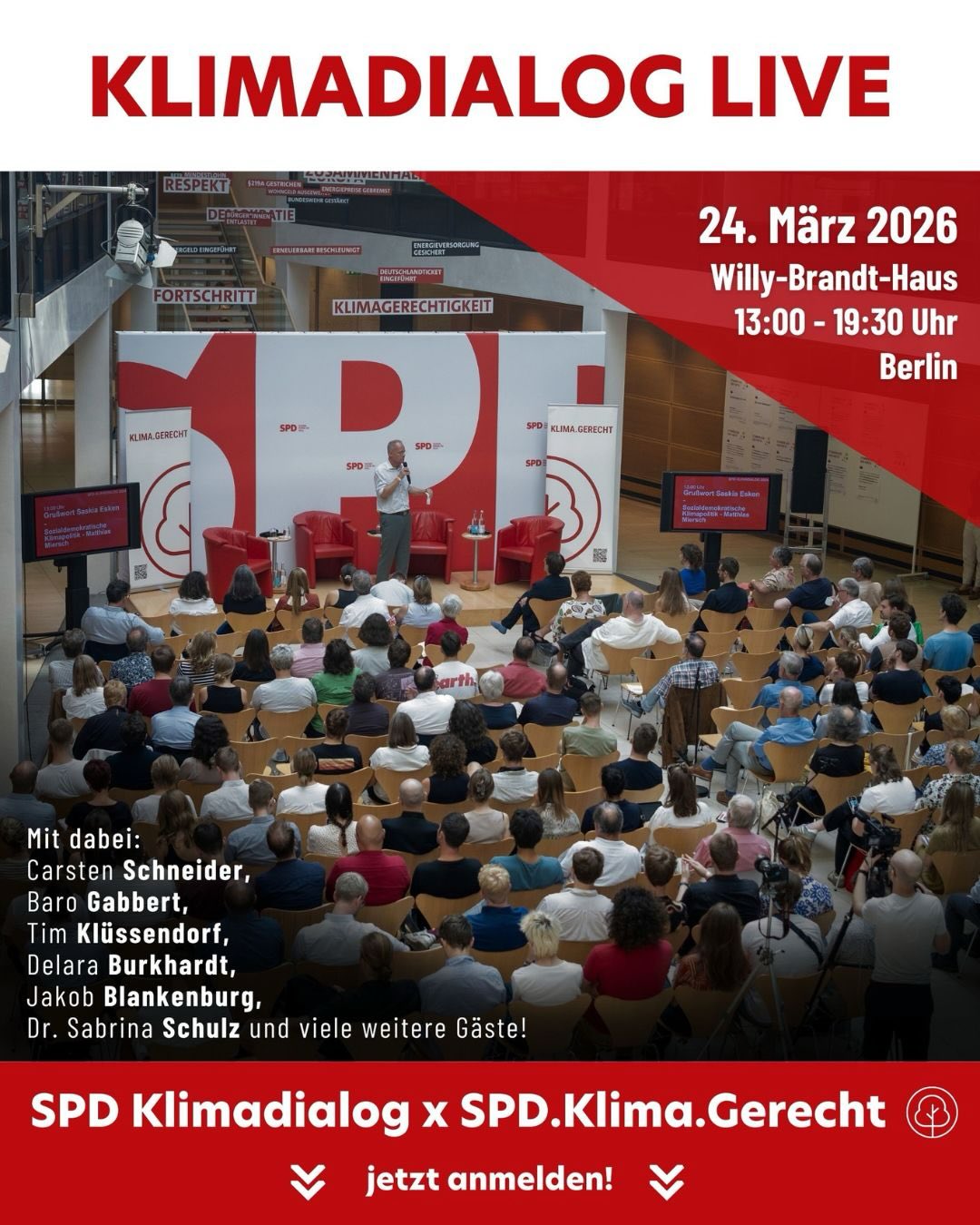 Wie organisieren wir gerechten Klimaschutz?🌍✊
🌹Diese Frage stellt das neue SPD Klima Gremium unter der Leitung von @mesarosch und wir wollen auch Deine Antwort hören.
💡Am 24. März laden wir euch deshalb ins Willy-Brandt-Haus in Berlin ein: Wir wollen konkrete Ideen diskutieren, Perspektiven aus Wissenschaft, Zivilgesellschaft und Wirtschaft hören und gemeinsam Lösungen entwickeln.
🫵 Egal ob in der Partei oder außerhalb, lokal engagiert oder bundesweit vernetzt, beruflich oder ehrenamtlich aktiv – jede Stimme zählt. Bist Du dabei?
Den Anmeldelink findest Du in unserer Bio. Wir sehen uns! 🙌
#KlimaGerechtigkeit #Klimadialog #Klimapolitik #Klima #SPD