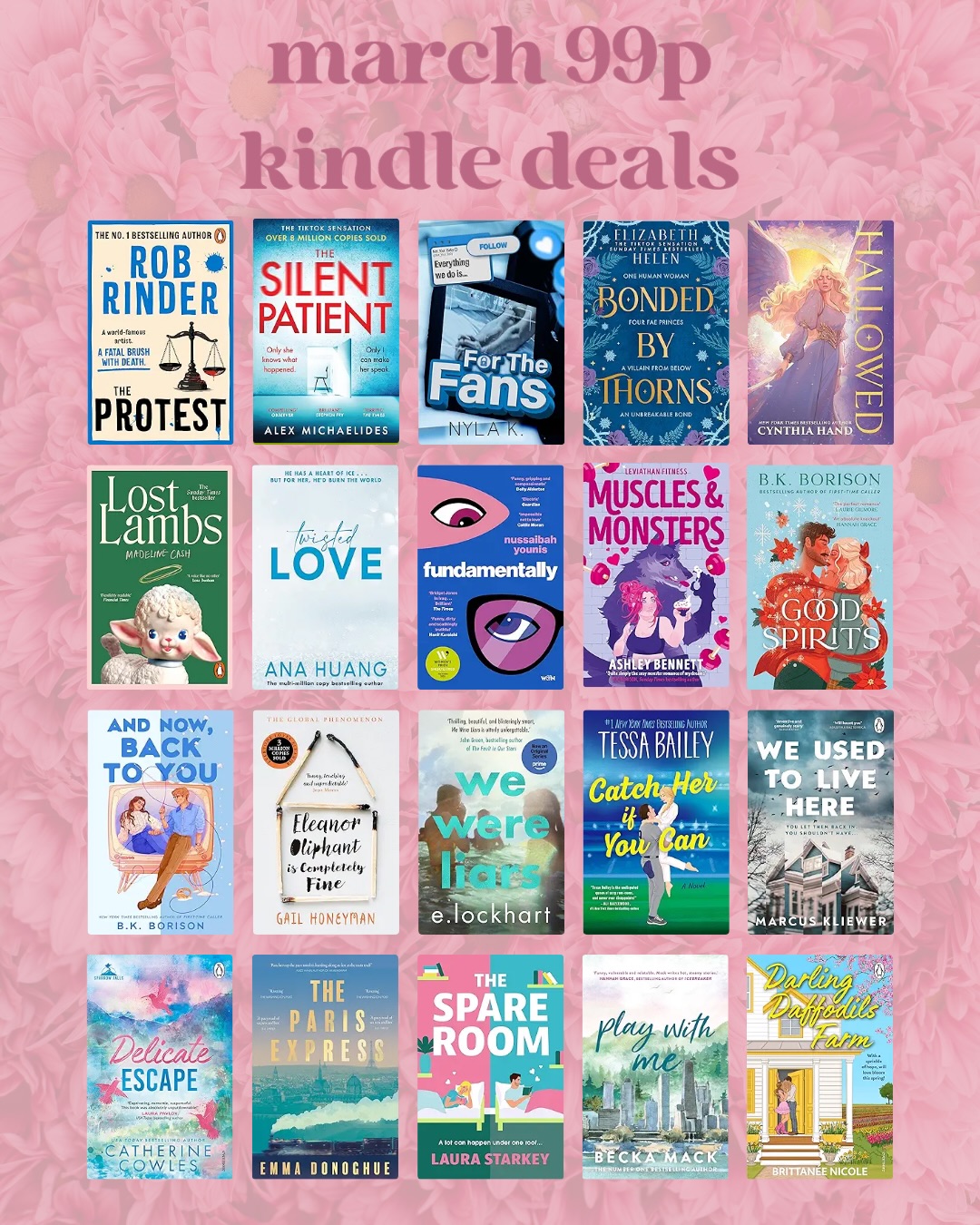 this month I just could not stop picking books for this post, so voila - 120 hand-picked best of the best kindle deals this month! all 99p or £1 (amazon definitely getting stingy and putting an extra penny on, v cheeky)
from romance to lit fic to smutty little books with men on the covers, this post has it all for our favourite day of the month - kindle deals day! as always you absolutely MUST tell me what you picked up in the sale. this month there were some crackers that were sitting on my “unowned” shelf on Goodreads that now gleefully skip across to “owned on kindle”, including:
🌷Trad Wife by @saratogaishere
🌷Julie Chan is Dead by @theliannz
🌷Muscles and Monsters by @ashleybennettauthor
and I was SO tempted with
🌷And Now, Back To You by the amazing @authorbkborison but I’m holding out for that gorgeous sprayed edge version at @theworksstores
let me know what you buy! 🩷🥳
#kindledeals #kindle #bookrecommendations #bookish #bookstagram