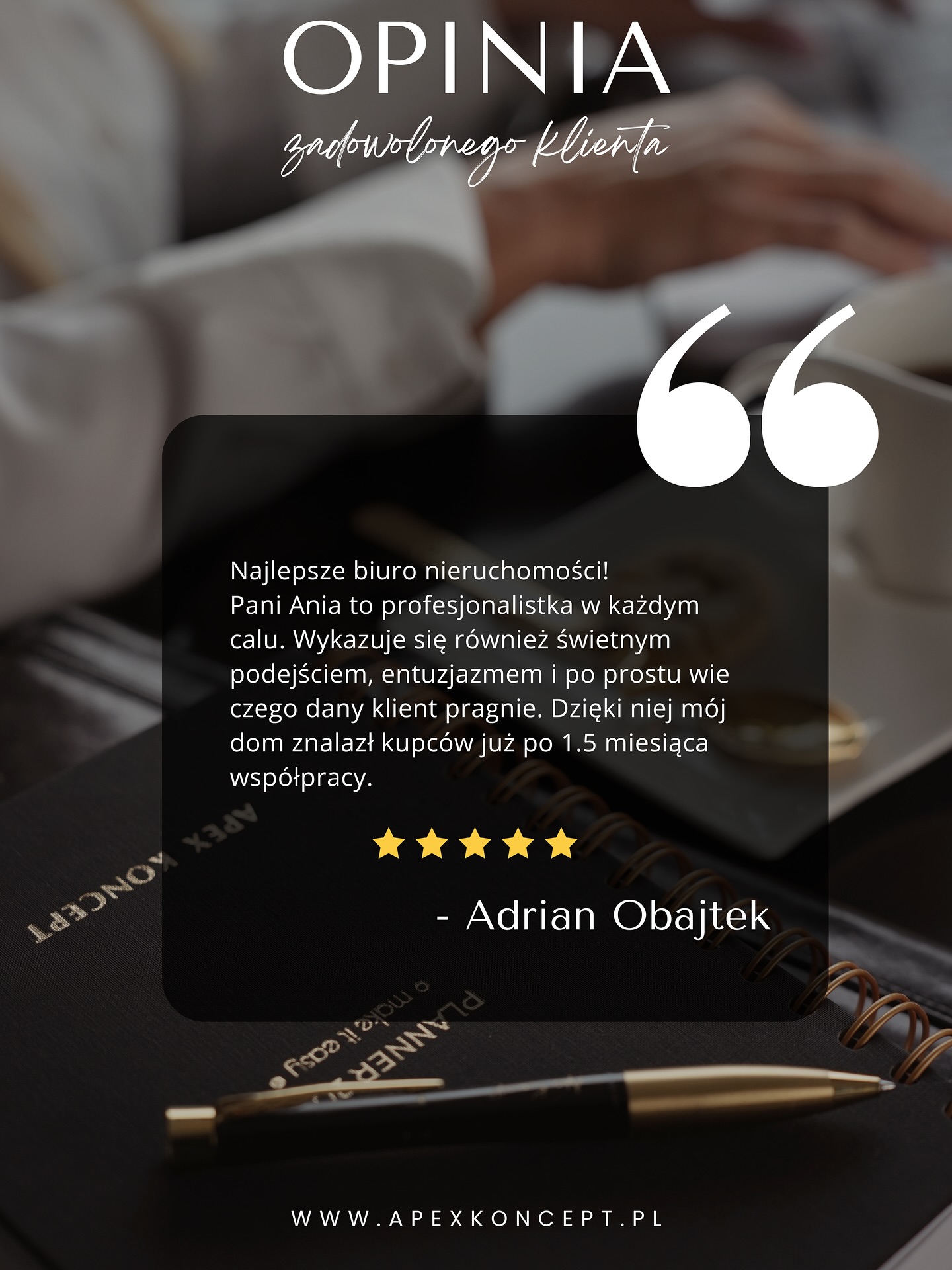 Panie Adrianie, bardzo dziękujemy za tak miłą opinię i zaufanie, którym nas Pan obdarzył.
Było nam ogromnie miło Pana poznać i współpracować przy sprzedaży domu. Cieszymy się, że mogliśmy pomóc w sprawnym doprowadzeniu transakcji do szczęśliwego finału w tak krótkim czasie.
Takie słowa od naszych klientów są dla nas największą motywacją do dalszej pracy.
Jeszcze raz dziękujemy za współpracę i serdecznie polecamy się na przyszłość! 😊
_____________
📍Mszana Dolna, ul. Starowiejska 4C
☎️ tel. 798 370 312
📩 anna@apexkoncept.pl
📲 apexkoncept.pl
#ApexKoncept #DziękujemyZaOpinię #ZadowolonyKlient #OpinieKlientów #Sprzedane #SzybkaSprzedaż #ProfesjonalneBiuro #Nieruchomości #BiuroNieruchomości #Zaufanie