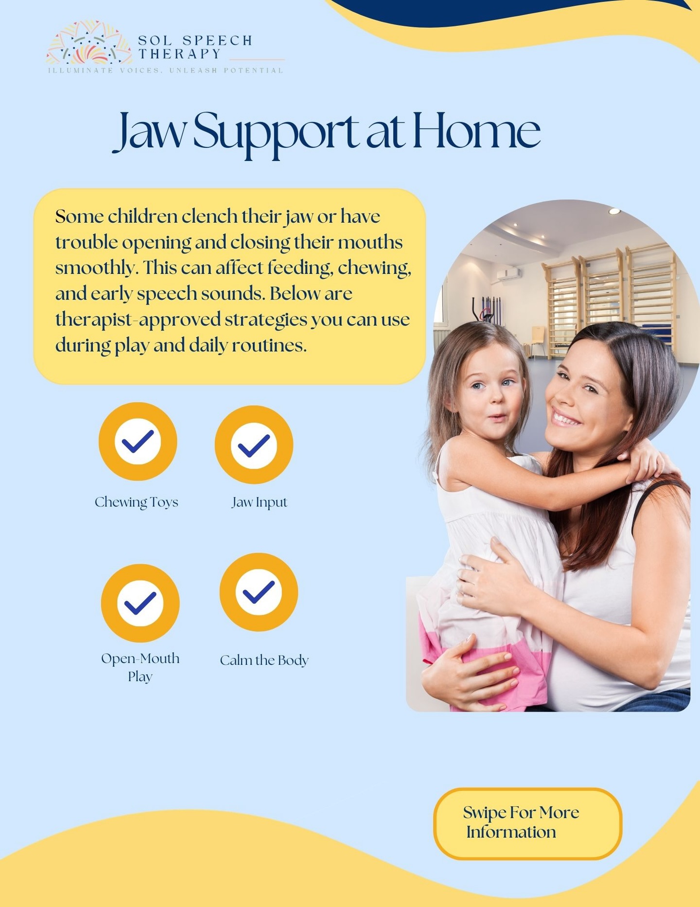 Does your child clench their jaw or struggle with smooth mouth movements (i.e., opening their mouth big)?
It may impact feeding, chewing, and early speech..but simple, therapist approved strategies woven into everyday routines can help.
Swipe for more information💛
.
.
.
.
.
.
.
.
.
.
.
.
.
#SpeechTherapyTips #OralMotorTherapy #SpeechLanguagePathology #BergenCounty #SpeechTips