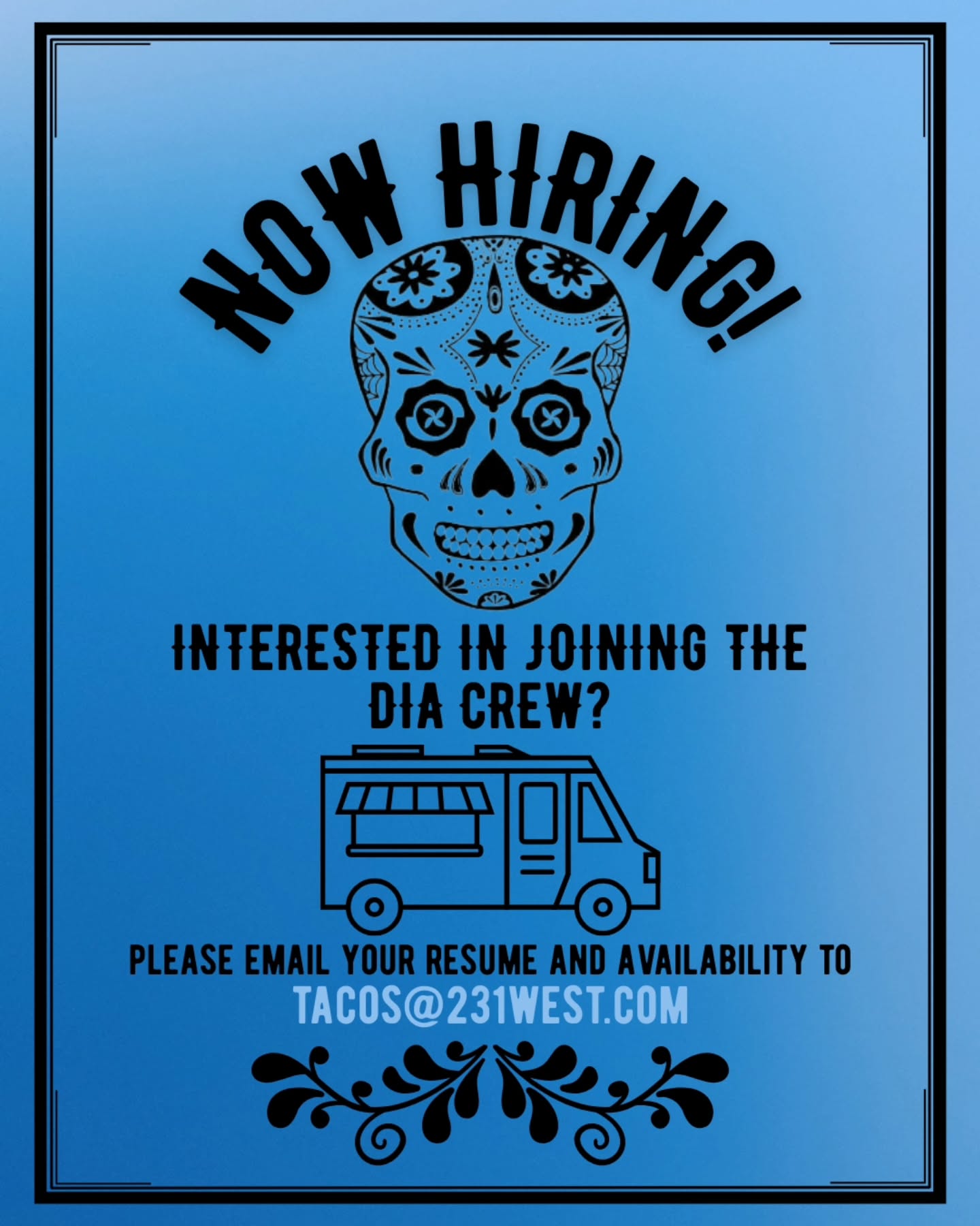 Interested in joining our team this season? We are looking for cooks and window folks to join our crew! ๐ฎ
Does slinging tacos this summer sound up your alley? Email us your resume at tacos@231west.com
TACOS COMING SOON! ๐