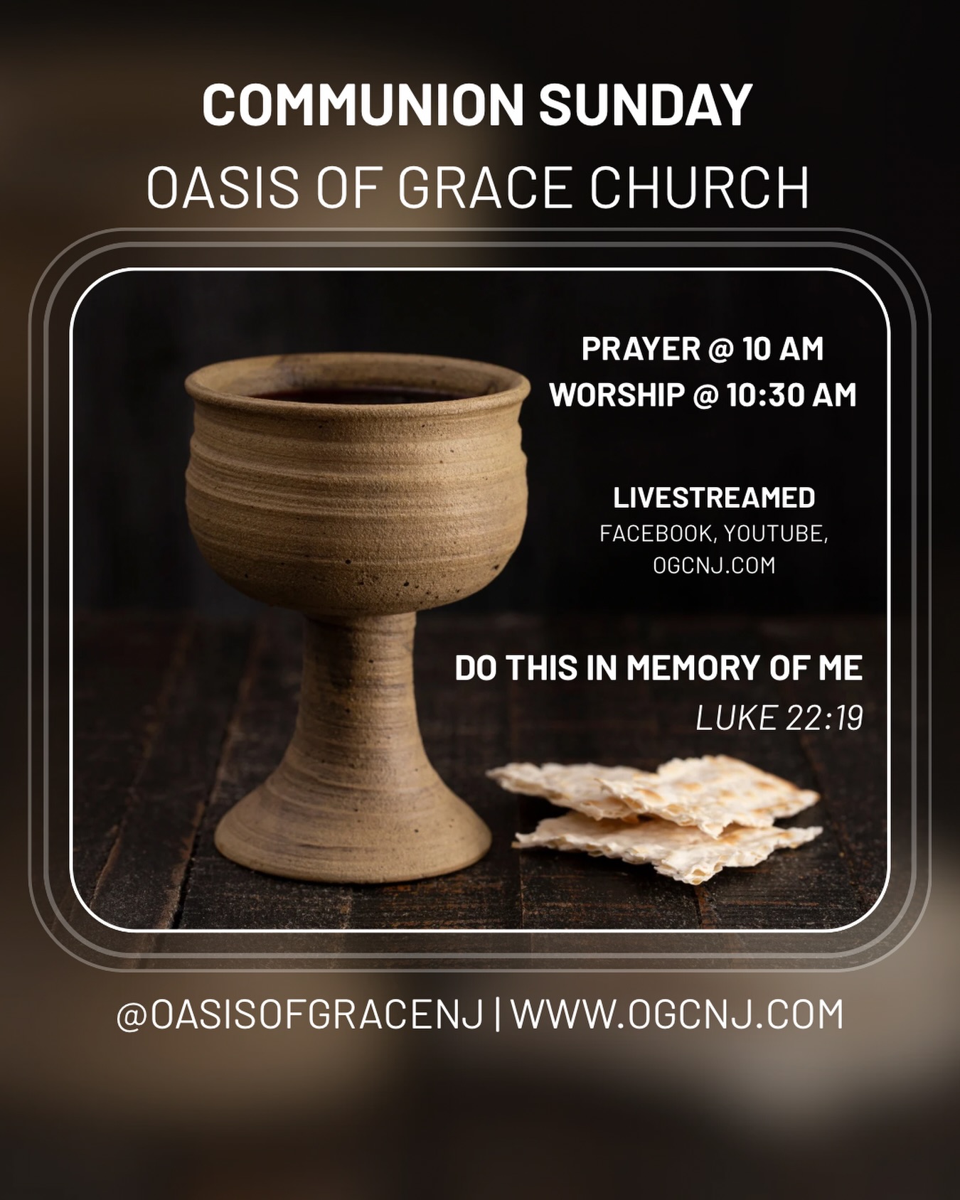 Oasis of Grace Church family (and friends you haven’t met yet) — you’re invited! 🤍
Join us for Communion Sunday | March 1 as we worship Jesus, receive His Word, and remember what He’s done for us.
🕙 10:00 AM Prayer
🕥 10:30 AM Worship & Word
🤝 Fellowship right after service (come hang out!)
Can’t make it in person? Join us online:
📺 Livestream on Facebook, YouTube, and ogcnj.com
📲 Follow us: @oasisofgracenj
ℹ️ More info: ogcnj.com
“‘This is my body, which is given for you. Do this in remembrance of me.’” — 1 Corinthians 11:24 NLT
#OasisOfGraceChurch #CommunionSunday #WorshipAndWord #WayneNJ #JesusFirst