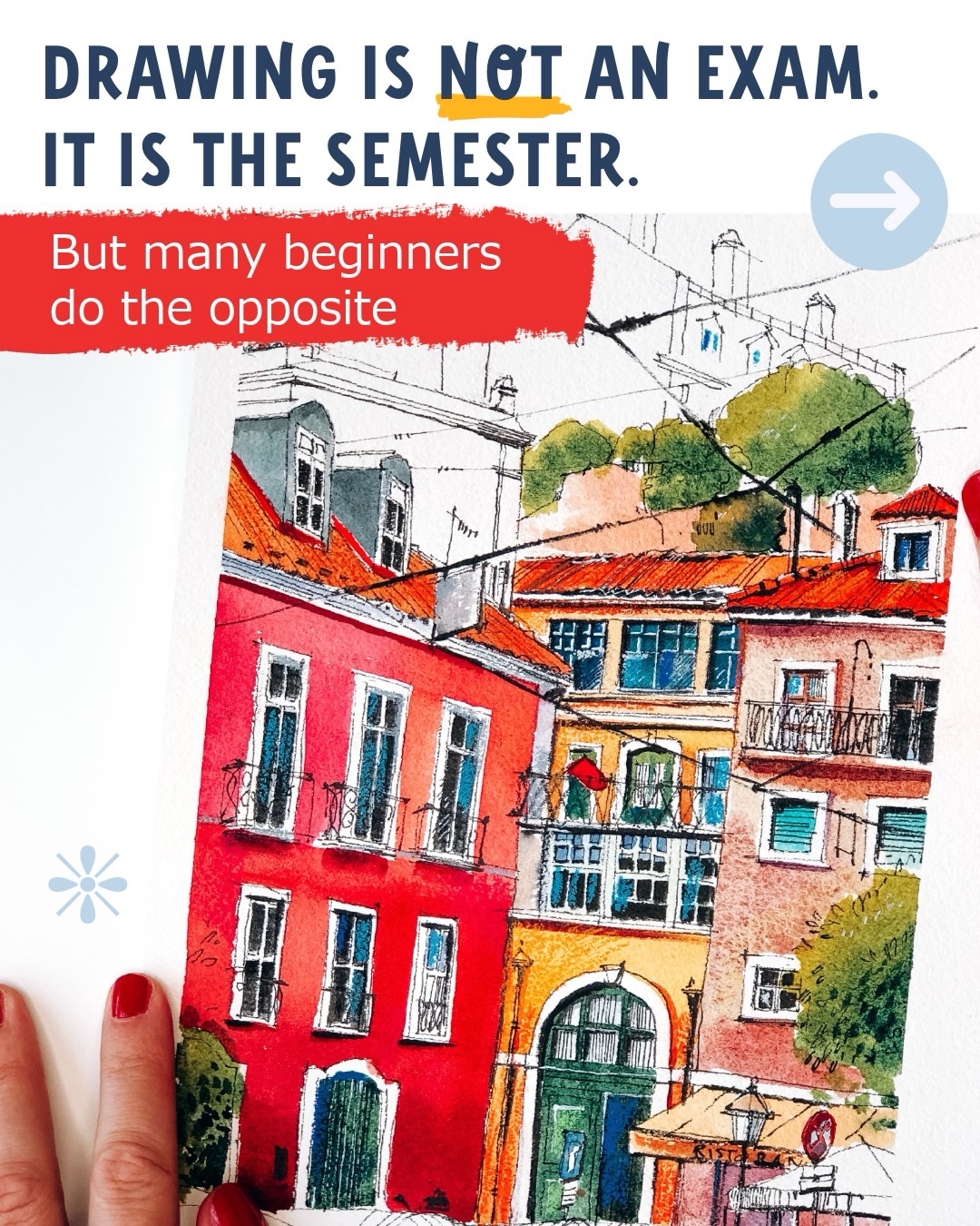 When we learn something in school, the order is very clear: first we study, practice, and make mistakes, only after that do we take an exam to see what we have understood.
But when many adults start sketching, they quietly reverse that order. The moment the brush touches the paper, the drawing is already being judged as if it were the final test.
If the sketch does not immediately look the way we hoped, we assume we are doing something wrong or that we simply lack talent.
In reality, we may just be forgetting something very simple: drawing is not an exam, it is the semester.👩🏻🎨
Learning to sketch takes observation, repetition, and a little patience with yourself. The first drawings are not there to prove anything, they are there to help you understand.
Save this reminder for the next time you open your sketchbook ❤️
#urbansketching #sketchbookpractice
#learntodraw #watercolorsketch #beginnerartist