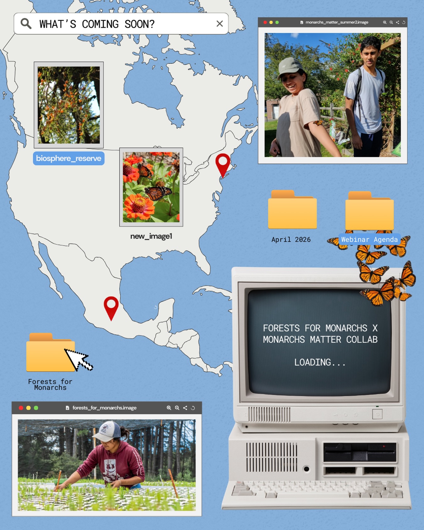 🖥️🦋 Something exciting is brewing behind the scenes! Can you guess from our fluttering workspace? (Hint: “Webinar Agenda” 📁, “April 2026,” “biosphere_reserve” 🌳, “Forests for Monarchs x Monarchs Matter”, 📍🌎 pins on Michoacán, Mexico and New York, USA)
Looking forward to it @forestsformonarchs!!!
#monarchbutterflies #biodiversityconservation #reforestation #youthactivism #onlinewebinar