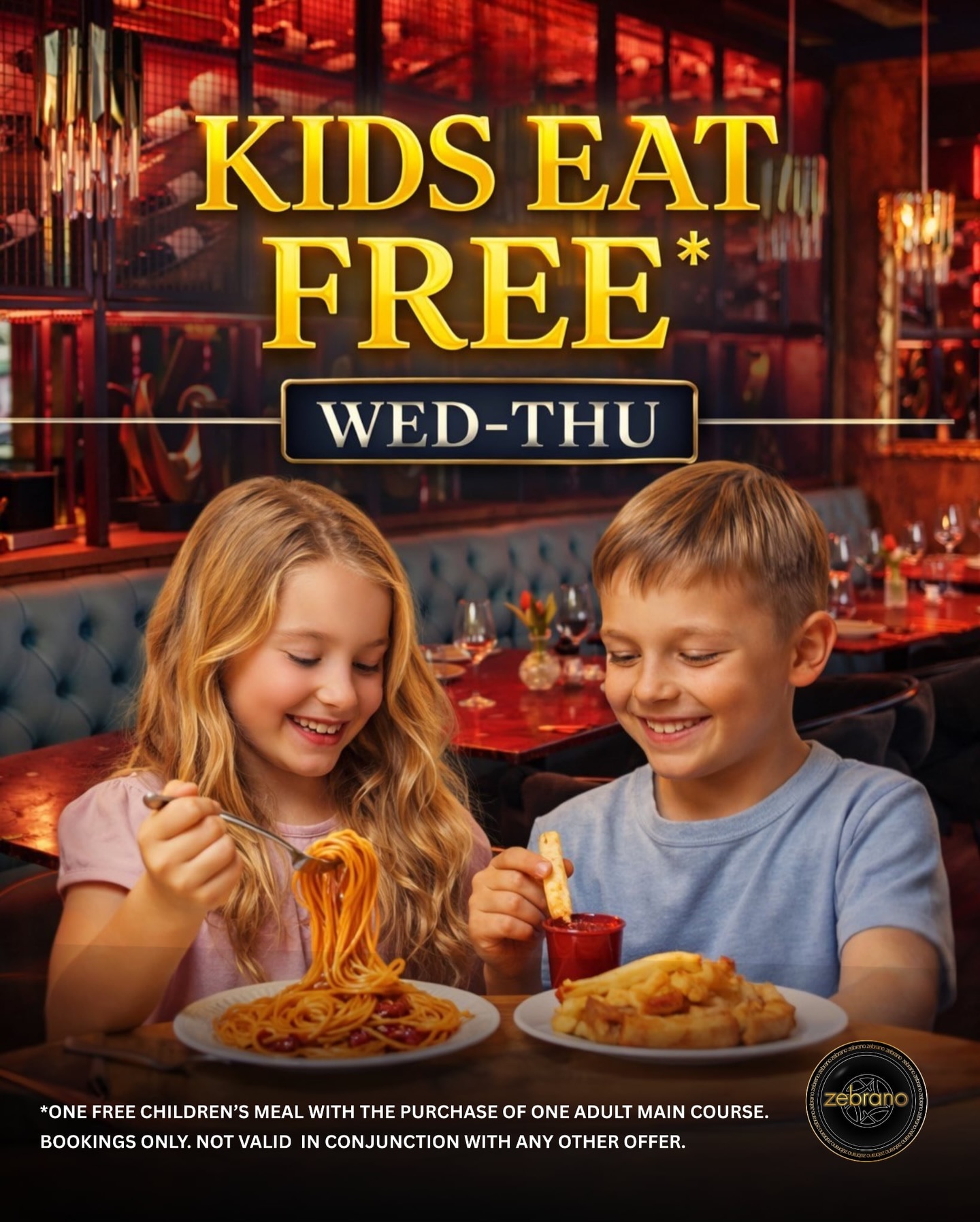 Midweek Family Treat! 👧🧒
Kids Eat FREE every Wednesday & Thursday at @zebrano_brentwood 🍔🍟🍗
Enjoy a relaxed midweek dinner while the little ones dine on us.
*One free children’s meal with the purchase of one adult main course. Under 12 year old.
Bookings only. Not valid in conjunction with any other offer.
🔗zebranobrentwood.com/reservations
#kidseatfree #familyoffer #essexbrentwood