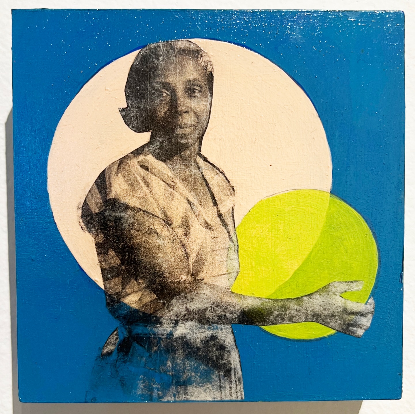 Monica J. Brown (she/her) is a terrestrial soul, traversing the mediums of time and space through vision, word, color, movement and vibration. Her visual art has been exhibited widely throughout Chicago, including the DuSable Museum, and the Museum of Science and Industry. She has also exhibited nationally and internationally including Juijiang University in China. She has created murals with Chicago’s Hubbard Street Mural Project, and Detroit’s Live6 Neighborhood Arts Project. She participated in performances at the Museum of Contemporary Art, Chicago; and presented her solo performance, Branch & Bough, at Prop Theatre in Chicago and the Columbus Performing Arts Center in Ohio. Work in her Mythical Memory series is currently represented by Black Art in America. Monica is a Ucross fellow, and has attended residencies at Atlantic Center for the Arts, Ragdale, and Dorland Mountain Arts Colony, among others. She has received Individual Artist Program grants from Chicago Department of Cultural Affairs and Special Events, and Individual Artist Support grants from the Illinois Arts Council Agency. She is also a recipient of Columbia College’s Albert P. Weisman Award. She earned a BFA from Otis College of Art and Design in Los Angeles; and an MA from Columbia College Chicago. She currently resides in Chicago.
Liminal time. Dream space. Sacred mystery. Monica J. Brown merges Afro-surrealism, abstraction, and pop-inflected collage to mythologize the personal. She turns personal narrative into Mythical Memory as a painted spirit realm; bright, collaged, and slightly clouded, where the sacred lives in what we can’t fully see. @mymyriadmuse