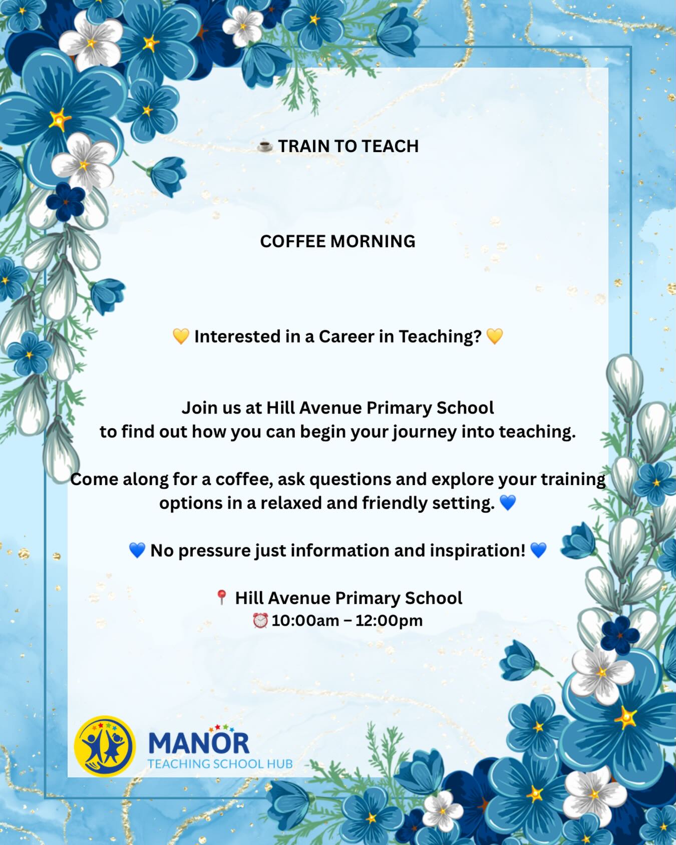 Come along to our Coffee Morning at Hill Avenue Primary School between 10am–12pm and discover how you can take your first steps into teaching.
Enjoy a relaxed chat, get your questions answered and learn more about your training pathways in a friendly, supportive environment 💙
Drop in and find out where a career in education could take you! 💛
#TrainToTeach #GetIntoTeaching
@manormultiacademytrust @ambition.inst