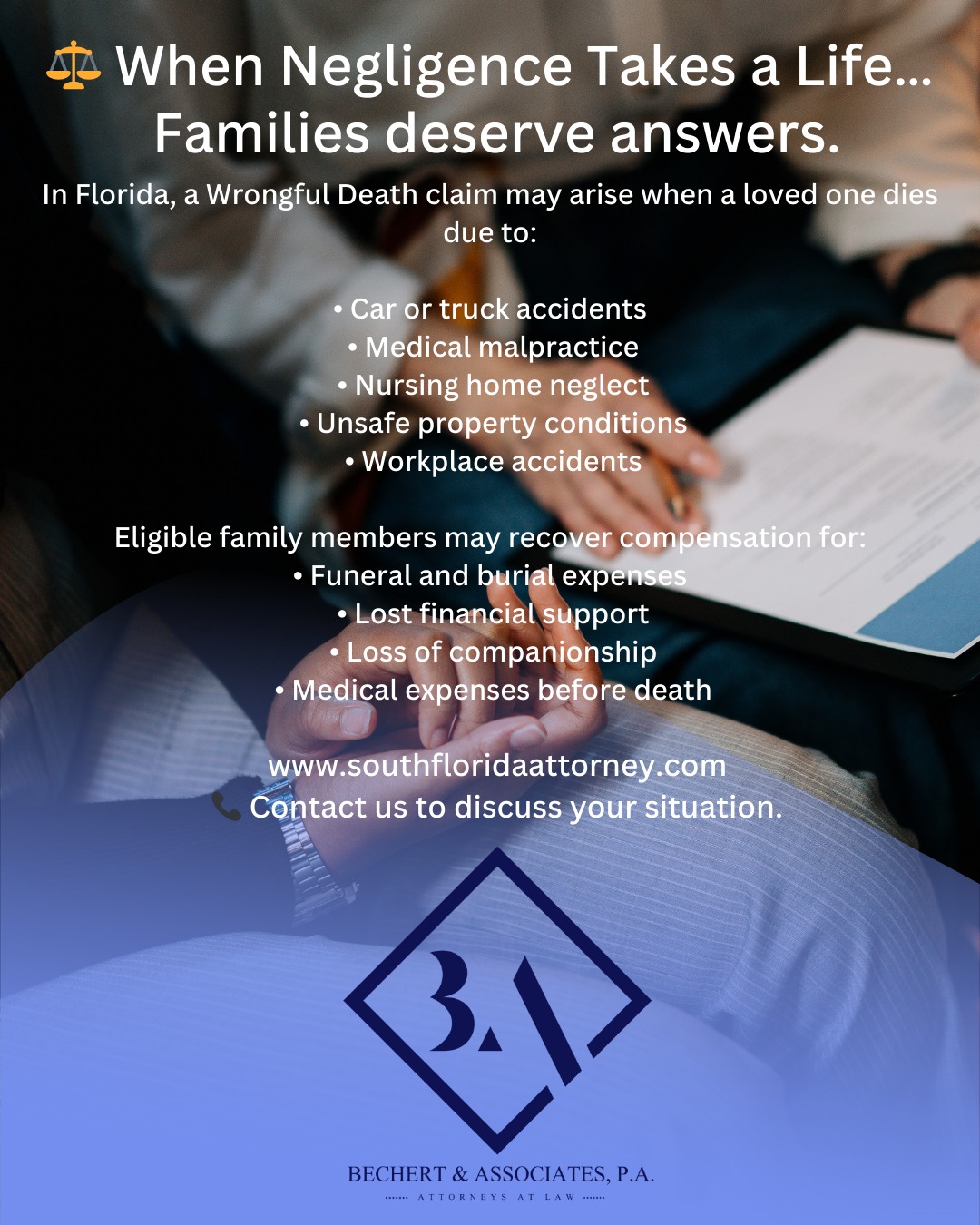 Losing a loved one unexpectedly is one of the most devastating experiences a family can face.
When that loss is caused by someone else’s negligence, Florida law allows surviving family members to pursue a Wrongful Death claim.
While no legal action can replace a loved one, it can help families obtain financial support and hold the responsible parties accountable.
If you have questions about your rights, our office is here to help guide you through the process. #WrongfulDeath
#WrongfulDeathAttorney
#SouthFloridaAttorney
#PompanoBeachLawyer
#BrowardCountyLawyer
#JusticeForFamilies
#PersonalInjuryLaw
#FatalAccident
#NegligenceLaw
#LegalHelp
#FloridaLawyer
#AccidentLawyer