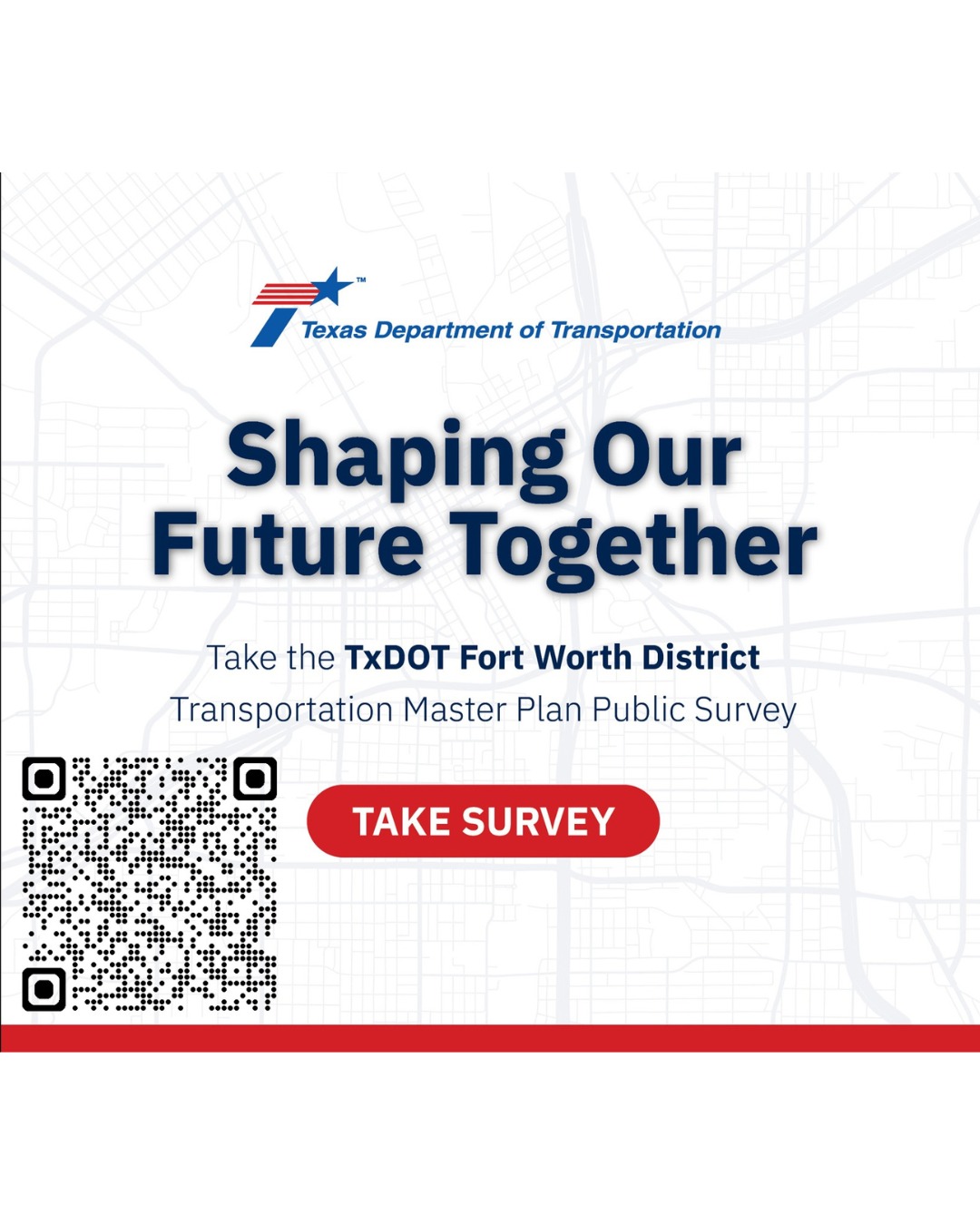 TxDOT is creating a new Transportation Master Plan for the entire Fort Worth District — and they want your input. This plan will shape future investments, safety priorities, and mobility options across our region.
Take the public survey and make your voice heard: https://www.txdot.gov/projects/projects-studies/fort-worth/fort-worth-district-transportation-master-plan.html
Your feedback matters for how we move, connect, and grow.
#txdot #fortworthdesign #fortworthcommunity #fortworthnonprofit #cdfw #communitydesignfortworth #txdot #northtexastransit