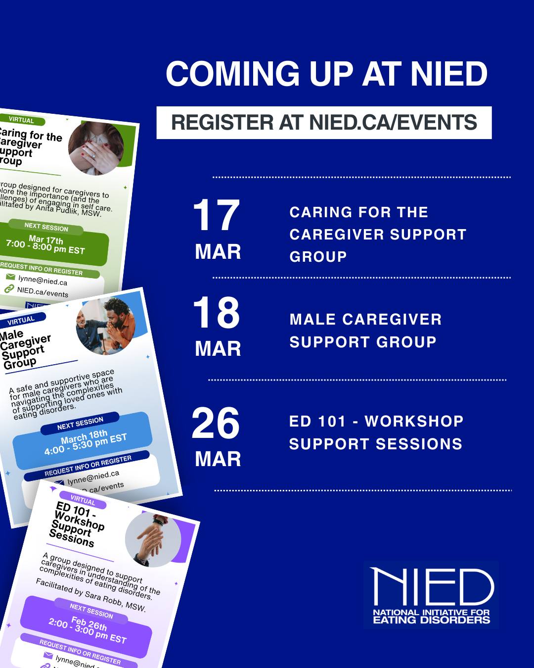 Coming up at NIED š
Have you registered for any of our upcoming support groups? You can register for all of our groups and events at NIED.ca/events!