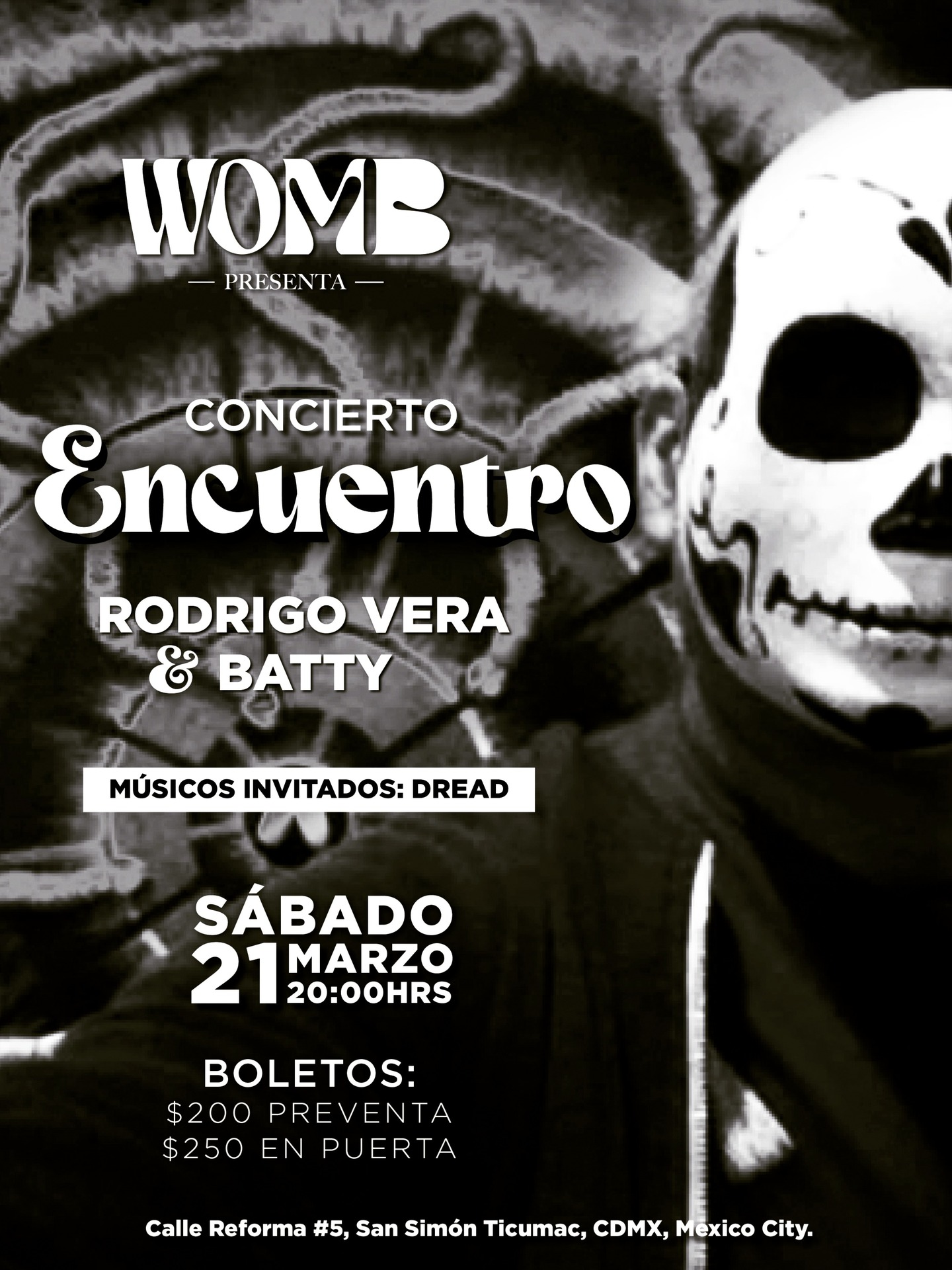 Tres entidades sincronizadas en escena. música, poesía y humor, con: Rodrigo Vera, Batty & Dread band.
🎼✨ CONCIERTO ENCUENTRO ✨ 🎼
🗓 Sábado 21 de marzo
🕖 20:00hrs
💥 Casa Womb
📍Calle Reforma #5, Col. San Simón Ticumac, Portales, CDMX.
🎫 Boletos:
💥 $200 preventa / $250 Pago en puerta
#wombexperience #conciertos #CDMX #adondeir