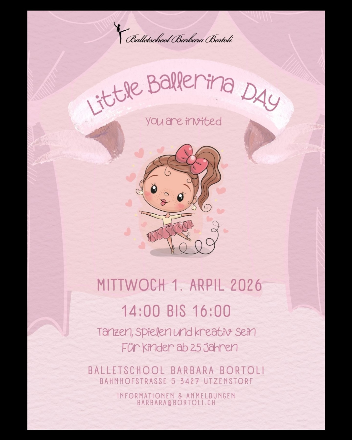 🩰✨ Spielgruppe Little Ballerina✨ seit 2018 ein Ort, wo kleine Füsse tanzen lernen🦋
Liebvoll begleitetes Tanzen & Spielen für die jüngsten Ballerinas❣️
Sei dabei, wenn es heisst: Musik an, Fantasie frei und los tanzen! 💕🎶🩰
👉🏼Am MITTWOCH 1. April 2026 von 14:00 bis 16:00 öffnen wir die Türen der Spielgruppe 🍭LITTLE BALLERINA🍭
Vorbeikommen und mit uns 🌈tanzen 🧸spielen ✂️basteln 🤍träumen & 🎨kreativ sein.
Für mehr Informationen und Anmeldungen➡️ barbara@bortoli.ch oder PM