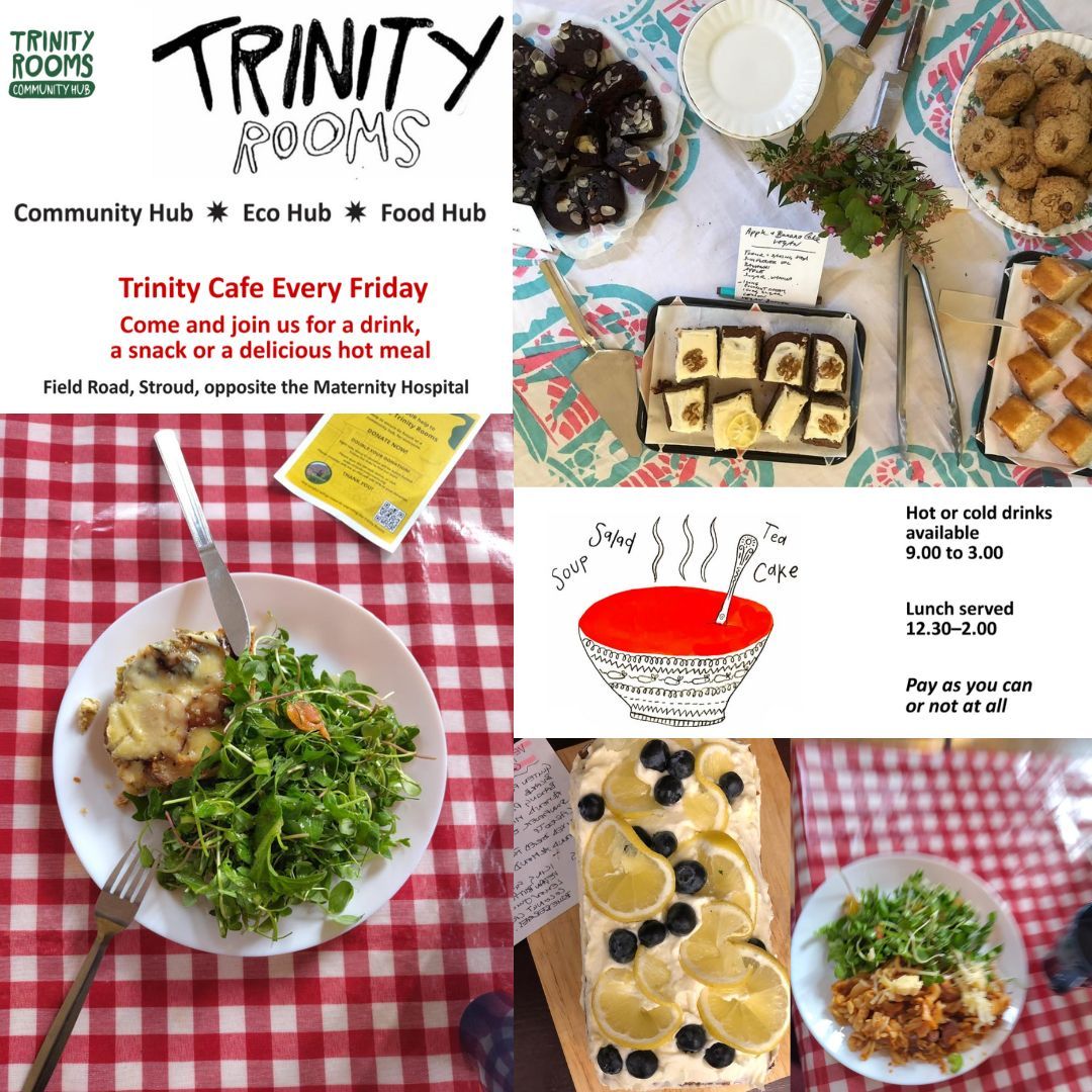 Come on in to our Trinity Rooms Hub for today's Community Cafe open 9am-3pm! Everyone Welcome. Pay What You Can by Donation.
Refreshments all day.
Lunch available 12:30pm-2pm.
Pantry 11am-12pm.
#stroud #food #helpful #accessible #Cafe #ebley #nailsworth #homemade #chalford #localSupport #painswick #inclusive #community #eatwell #gloucestershire