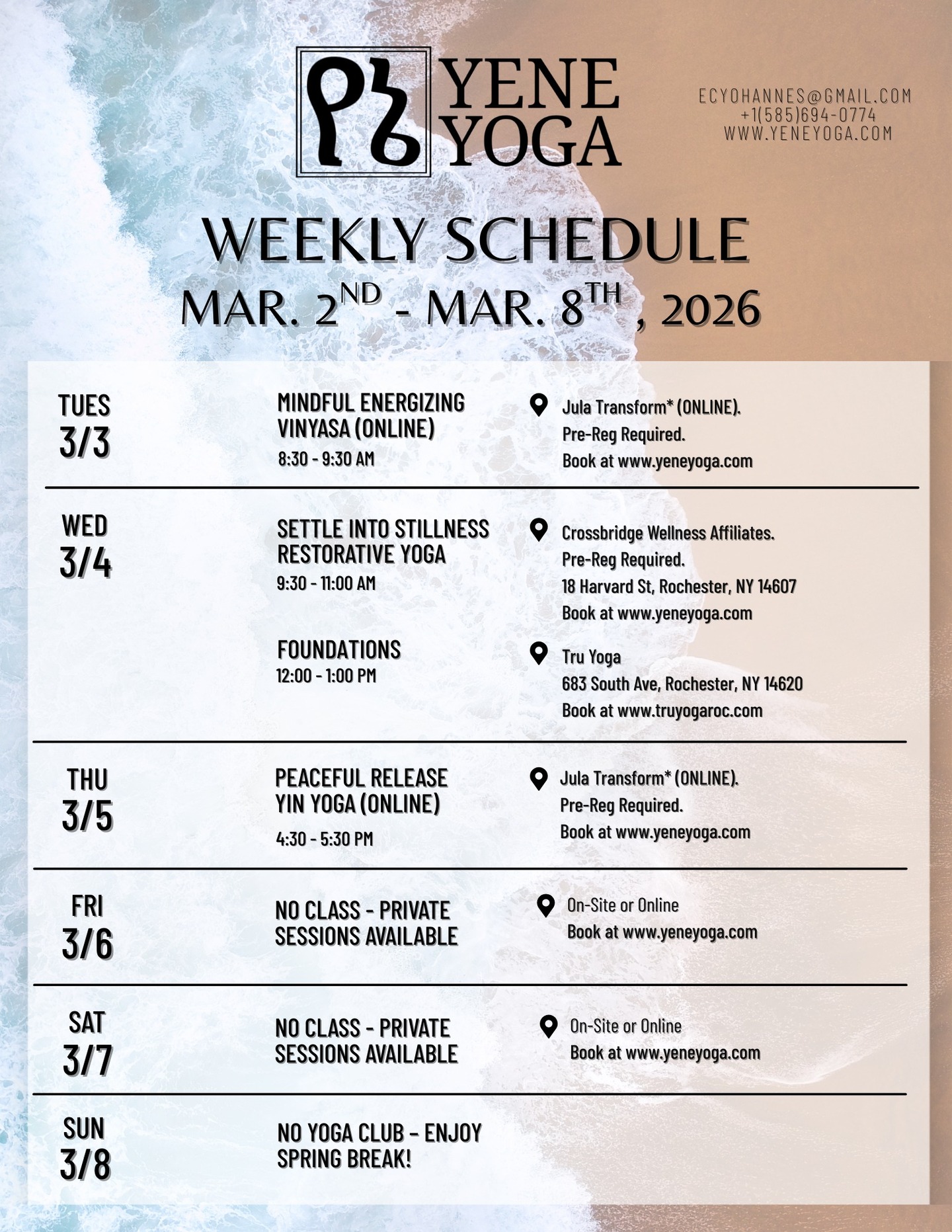 This week's Yene Yoga newsletter is now live! Read on at the link below for reflections on contradiction and holding space for opposites:
https://www.yeneyoga.com/so/4aPofiiOJ?languageTag=en
📌EVENTS:
THURSDAY, 3/19 7:30 - 8:45 PM.
Join me for this month's Yoga for BIPOC & Allies Community Class, held at @truyogaroc ! This will be a Restorative Yoga class. All community classes are pay-what-you-can; props available on-site.
*All Tru classes must be booked directly through Tru at www.truyogaroc.com. All other classes can be booked at www.yeneyoga.com.
🪷Monday 03/02
NO CLASS - Private Sessions Available
🪷Tuesday 02/24
🌱Mindful Energizing Vinyasa (ONLINE ONLY)
8:30 - 9:30 AM EST
Jula Transform
Held ONLINE
$10 flat-rate
Please book at least 30 min* before. PRE-REG REQUIRED.
🪷Wednesday 02/25
🌱Settle into Stillness Restorative Yoga
9:30 - 11:00 AM EST
Crossbridge Wellness Affiliates
18 Harvard St, Rochester, NY 14607
$10/$15/$20 Sliding Scale pricing. PRE-REG REQUIRED.
🌱Foundations*
12:00 - 1:00 PM EST
Tru Yoga
683 South Ave, Rochester, NY 14620
$10/$15/$20 Sliding Scale pricing
🪷Thursday 02/26
🌱Peaceful Release Yin Yoga (ONLINE ONLY)
4:30 - 5:30 PM EST
Jula Transform
Held ONLINE
$10 flat-rate
Please book at least 30 min* before. PRE-REG REQUIRED.
🪷Friday 2/27
NO CLASS - Private Sessions Available
🪷Saturday 02/28
NO CLASS - Private Sessions Available
🪷Sunday 03/01
NO CLASS. Hatha Yoga Club will return Sunday, 3/22. Enjoy spring break!
#rochesteryoga #events #beginner #vinyasa #yin #restorative #peace #rest #thingstodo #rochesterny #yoga