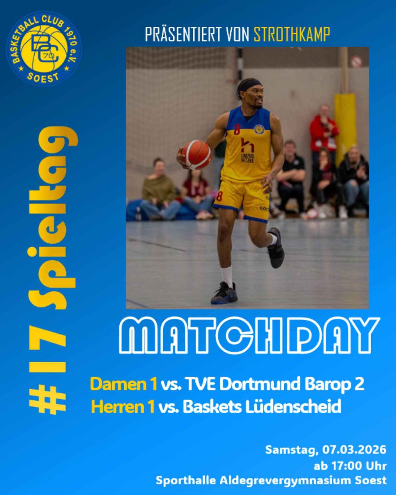 🏀🔥 HEIMSPIELTAG 🔥🏀
Am kommenden Wochenende steht der nächste Heimspieltag an – und beide Teams sind bereit! 💪🏼
1. Damen vs. TVE Dortmund Barop II
Unsere Damen gehen als klarer Favorit in die Partie gegen die Zweitvertretung des TVE Dortmund Barop.
Doch genau das macht diese Spiele so gefährlich – deshalb heißt es: volle Konzentration, hohe Intensität und von Beginn an alles reinhauen!🔥
1. Herren vs. Baskets Lüdenscheid
Bei den Herren erwartet uns ein Duell auf Augenhöhe.
Gegen die Baskets Lüdenscheid mussten wir uns in der Hinrunde noch geschlagen geben – jetzt wollen wir es zuhause besser machen 💥
Revanche, Leidenschaft und 40 Minuten Kampf sind angesagt!
📍 Sporthalle Aldegrevergymnasium Soest
📅 Samstag, 07.03.2026 ab 17:00 Uhr
Kommt vorbei, unterstützt unsere Teams und sorgt für echte Heimspiel-Atmosphäre! 🔵🟡
BC GO!🏀