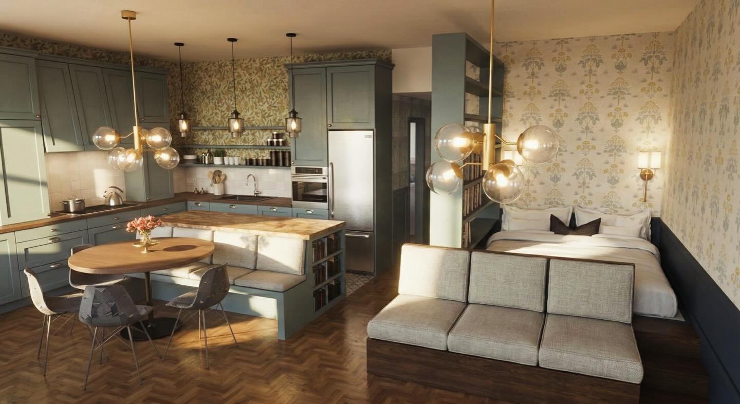 Když je potřeba kombinovat i kuchyň a místo pro spaní 🤗 odděleno knihovnou a rozkládací sedačkou se schůdky 🤗 #kitchen #bedroom #allinoneplace #prague #reconstruction