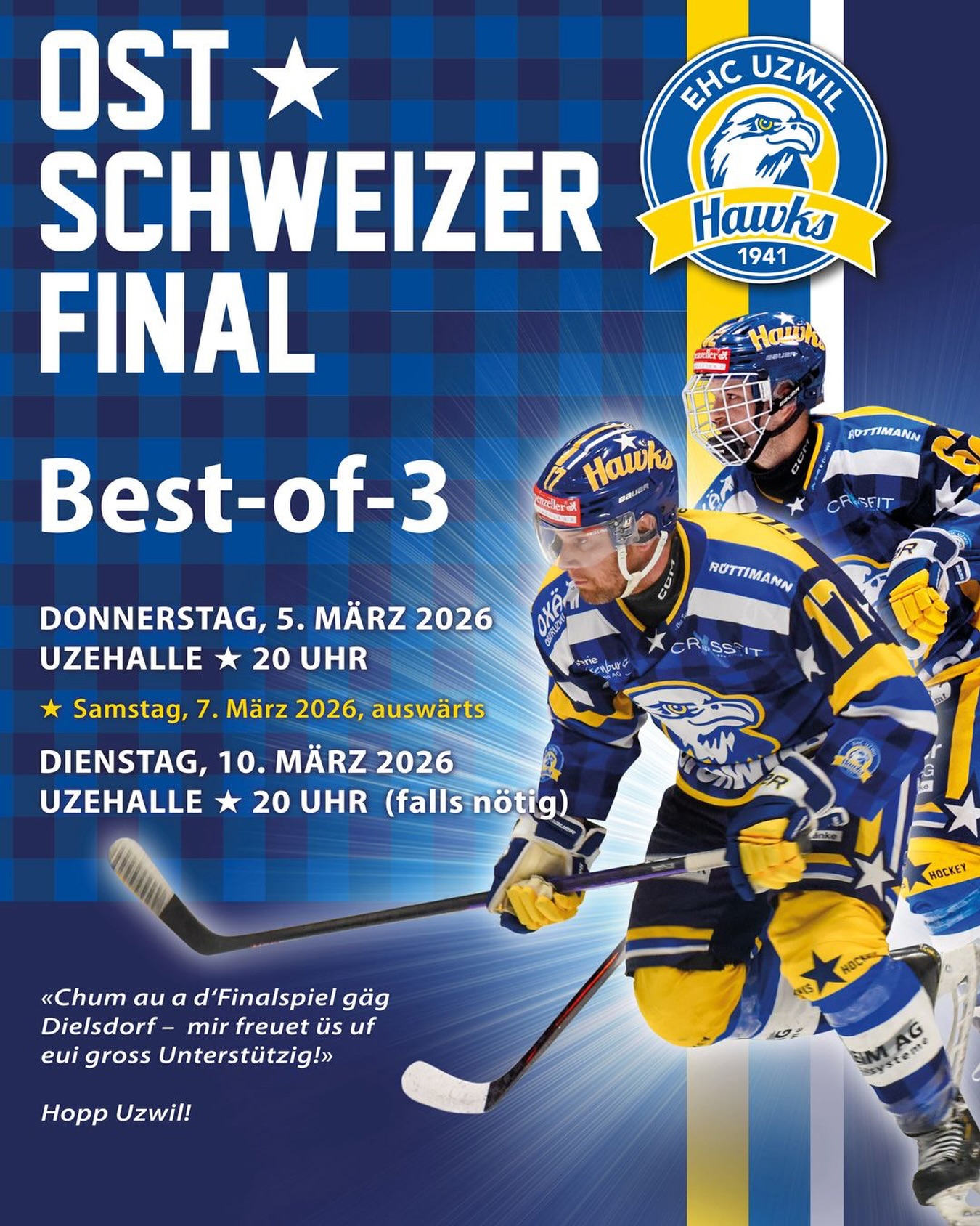 Wir spielen um den Ostschweizer Meistertitel der 2. Liga! Im Gruppenfinale konnten wir uns in einer hart umkämpften Serie gegen den EHC Lenzerheide-Valbella mit 3:1 Siegen durchsetzen. Im Ostschweizer-Finale treffen wir nun auf den EV Dielsdorf-Niederhasli. Die Serie wird im Best-of-3-Modus gespielt und verspricht erneut extrem spannend und eng zu werden. Darum zählen wir nochmals auf euren überragenden Support, damit wir auch diese Hürde meistern können. Hopp Uzwil!
#ehcuzwil #ehcuzwilhawks #playoffs #heimvorteil #AllesOderNüt