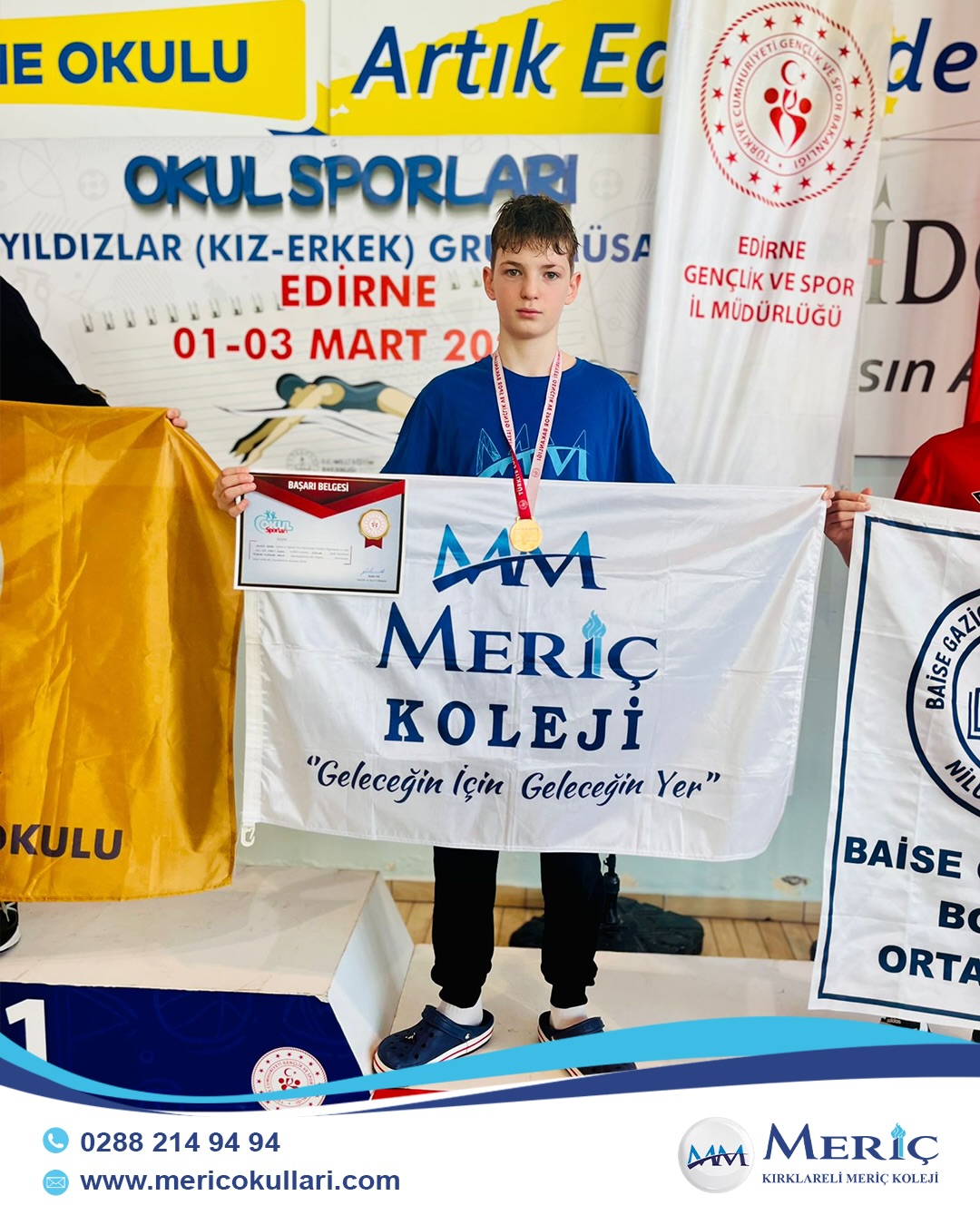Özel Kırklareli Meriç Koleji Ortaokulu öğrencimiz Musa Emir TÜRKOĞLU Edirne’de düzenlenmekte olan okul sporları yıldızlar grup müsabakalarında
100 m sırtüstü branşında yüzmüş olduğu derecesiyle 3. olarak Türkiye şampiyonasına katılmaya hak kazanmıştır.
Emekleri için ailemize,antrenörümüze teşekkür ederiz.🏆