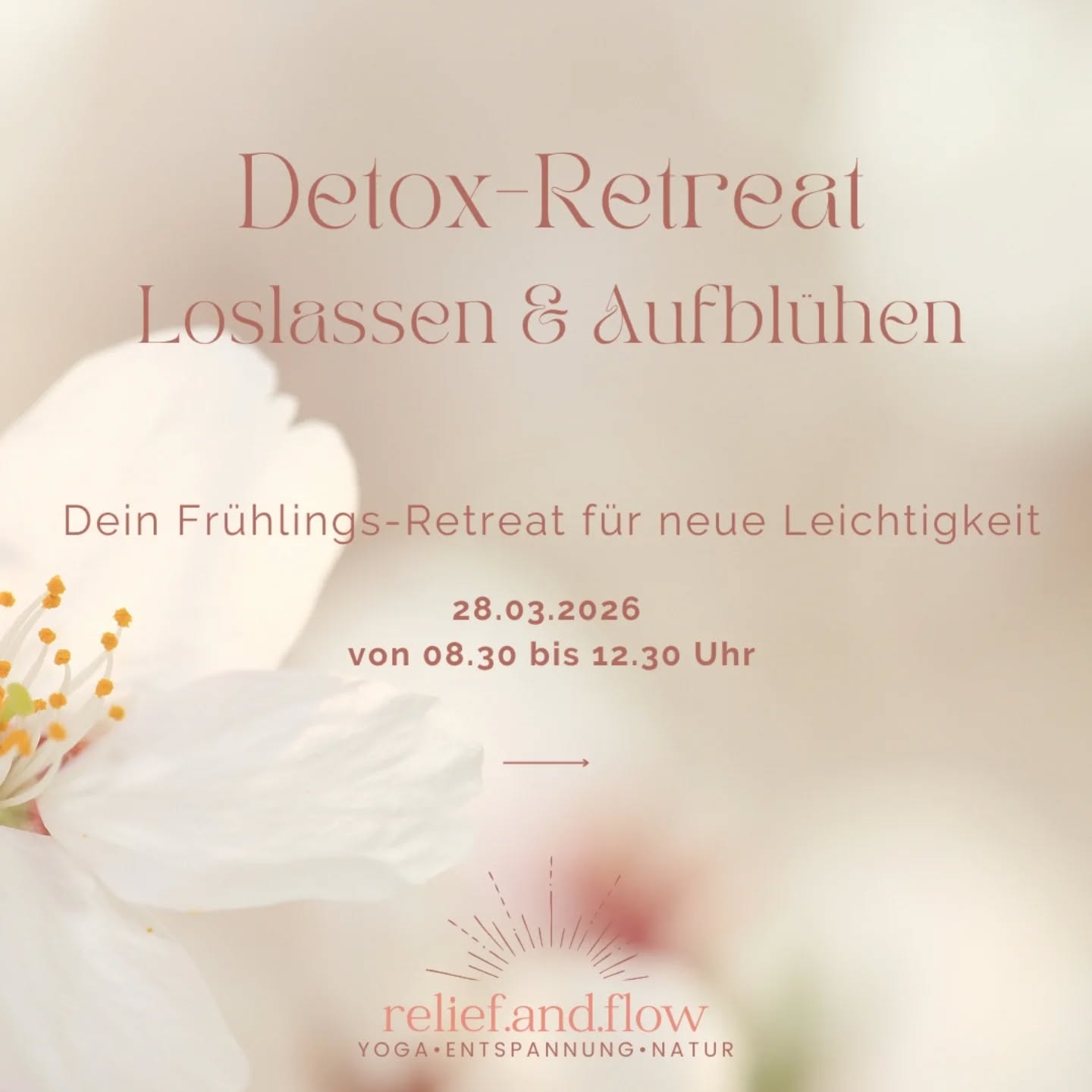 Loslassen & Aufblühen – Dein Halbtages-Detox-Retreat 🌸🌿
Der Frühling klopft schon leise an und lädt dich ein, Altes hinter dir zu lassen und voller Leichtigkeit neu aufzublühen.
Gönne dir eine achtsame Auszeit, um wie die Natur in deine frische Kraft zu kommen.
Dich erwartet eine belebende Mischung aus Yoga, Meditation, bewusster Reflexion und heilsamen Klängen. Sanfte Detox-Impulse unterstützen dich dabei, deinen Körper zu reinigen, deinen Geist zu klären und Raum für Neues zu schaffen.
Spüre die aufblühende Energie des Frühlings, finde zurück in deine Balance und tanke neue Lebensfreude. ✨
Es ist deine Zeit, neu zu erblühen. 🌸
Wann: Samstag, 28.03.2026, 08.30 – 12.30 Uhr
Wo: Yogaraum Relief.and.flow
Infos & Anmeldung: Link in Bio oder per DM
Ich freue mich, gemeinsam mit dir mit Leichtigkeit in den Frühling zu starten. 💕
#reliefandflow #relief #flow #frühlingsretreat #erblühen