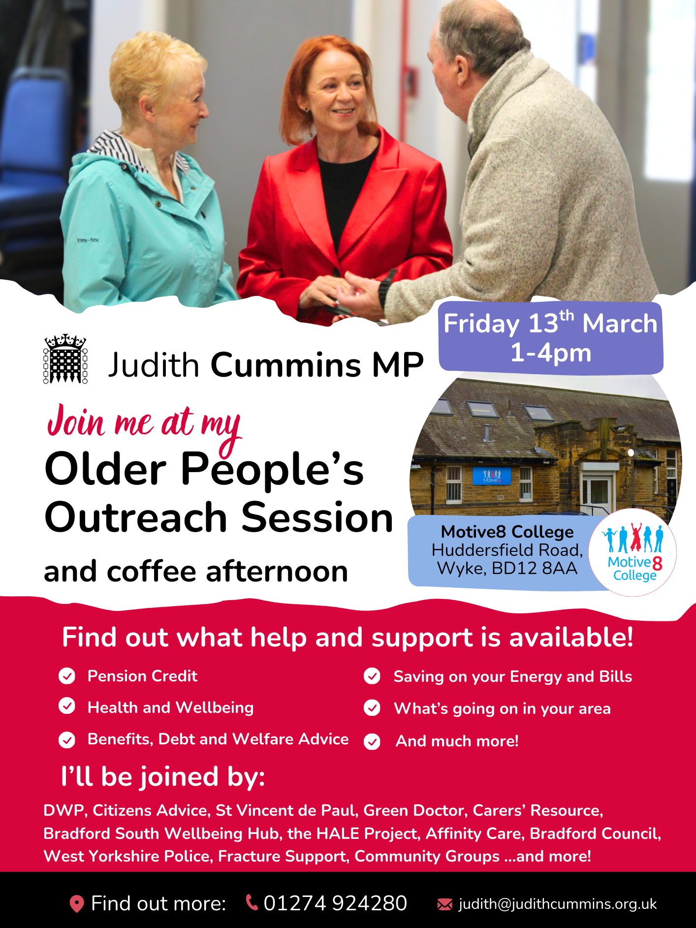 I'm pleased to be hosting my next coffee afternoon and outreach session in Wyke next Friday, with Motive8 College!
𝗙𝗿𝗶𝗱𝗮𝘆 𝟭𝟯𝘁𝗵 𝗠𝗮𝗿𝗰𝗵, 𝟭𝗽𝗺-𝟰𝗽𝗺.
If you are or know someone of pension age, come along for a cuppa, a chat, and to find out what support is available from all sorts of groups!
Get help with:
✅ Pension Credit
✅ Health and Wellbeing
✅ Benefits, Debts and Welfare Advice
✅ What's going on in the area
✅ and more!
More info 👇