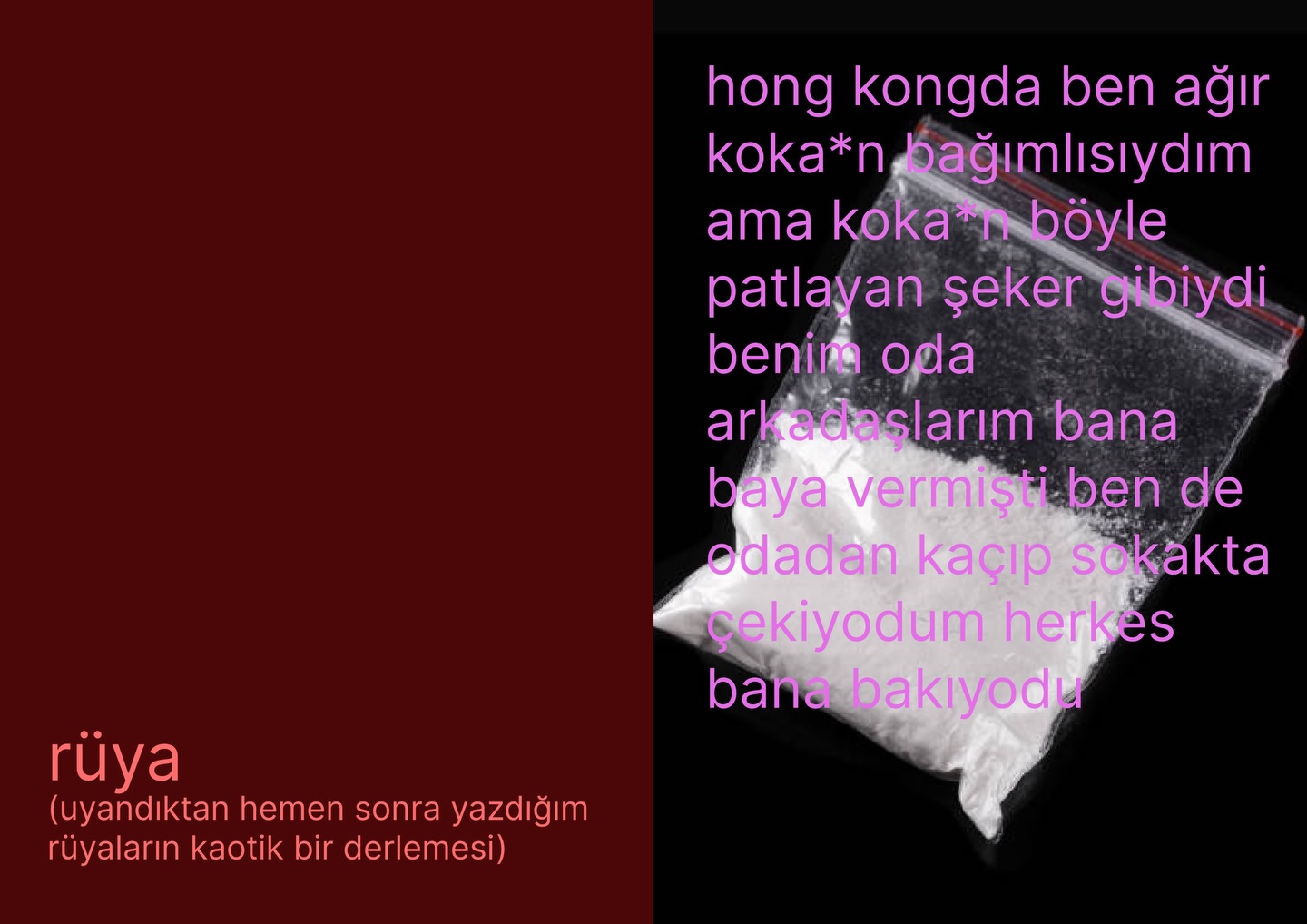 “ben gördüğüm rüyaların hepsini hatırlamak isterim ama uyandıktan hemen sonra not almazsam saniyesinde unuturum. bunlar da notlarıma yazmayı hatırladığım birkaç rüya.”
Deniz’in “rüya.” adlı çalışmasının tamamı DEMODE’nin websitesinde!!!