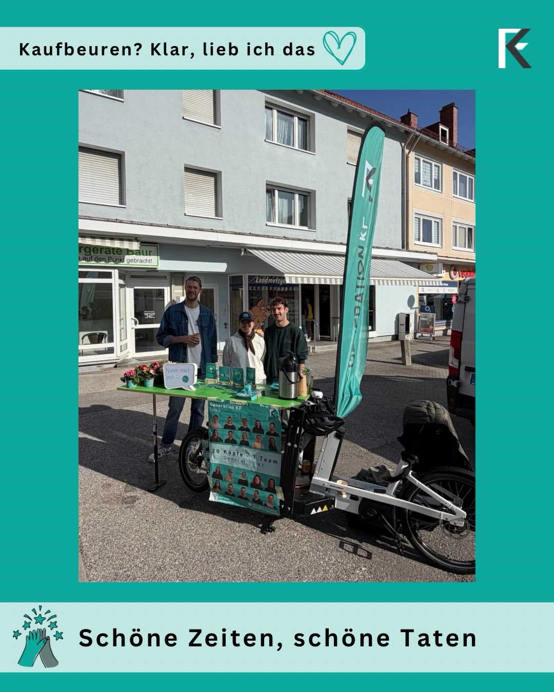 🌼 Schöne Zeiten, schöne Taten 🌼
Diese Woche standen nochmal die Wochenmärkte an und wir haben fleißig unsere Blumen verteilt. 💐 Dieses Mal bei besten Wetter ☀️
Es war wieder richtig schön, mit euch ins Gespräch zu kommen und besonders gefreut hat uns, dass sogar die kleinsten Generation-KF-Mitglieder „tatkräftig“ mit angepackt haben!
Außerdem waren wir unterwegs, um unsere Wahlplakate zu reparieren. Einige haben in den letzten Wochen doch schon ein bisschen gelitten. Ehrlich gesagt wird es auch langsam Zeit, dass wir sie wieder abbauen können. Wir freuen uns schon darauf, bald wieder mehr von Kaufbeuren zu sehen und nicht nur Wahlplakate. 🙊
Und vielleicht habt ihr es ja bemerkt: Gestern war außerdem unsere Anzeige in der Zeitung zu sehen. 📰
Danke für euren tollen Support! Gemeinsam für Kaufbeuren! 💚
#generationkf #generationkfwahlkampf #generationkfschönezeitenschönetaten #generationkfkommunal2026 #kaufbeuren