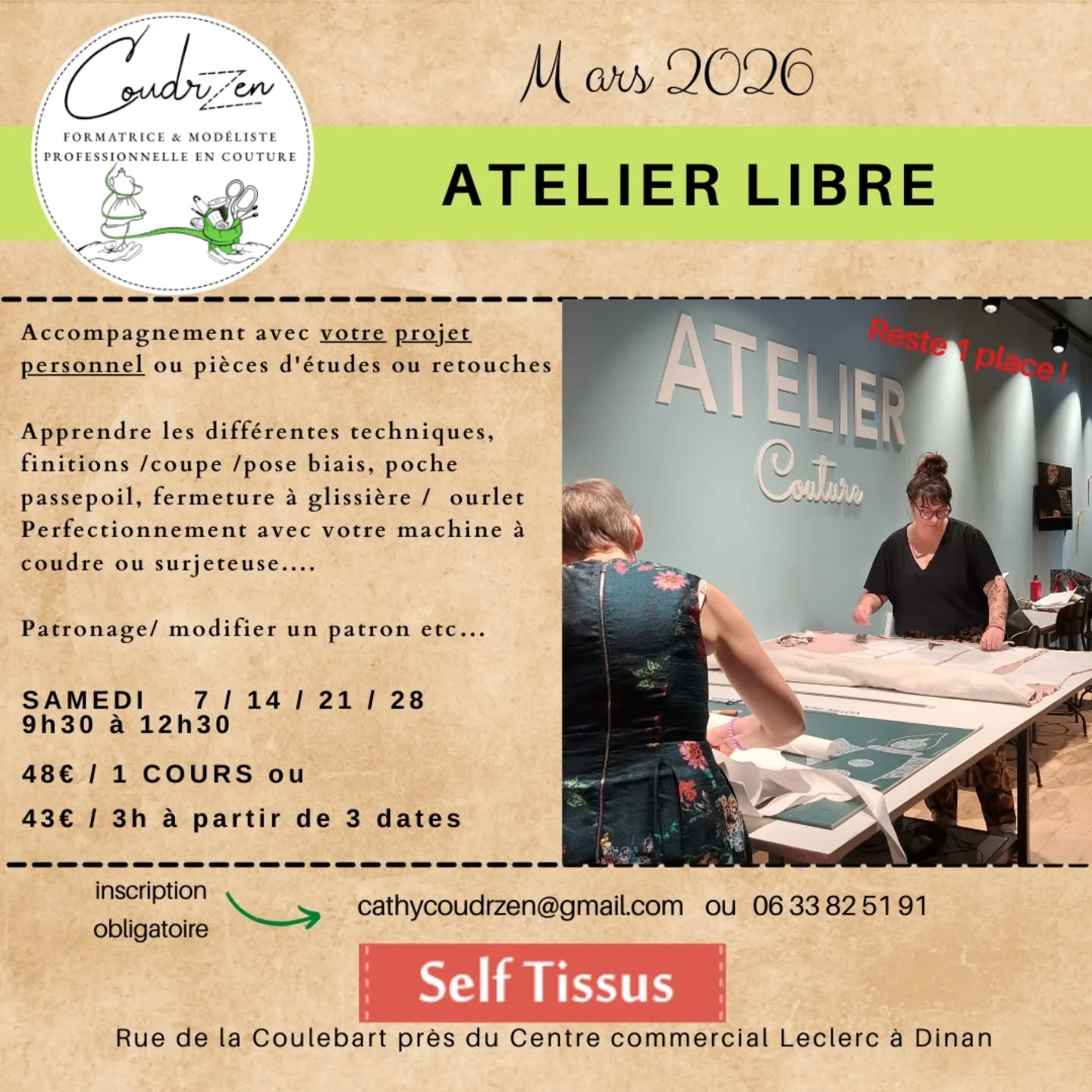 Toujours possible de s'inscrire pour des ateliers libres. Reste quelques places. Contactez moi au 06 33 82 51 91 ou cathycoudrzen@gmail.com
Demandez le planning !