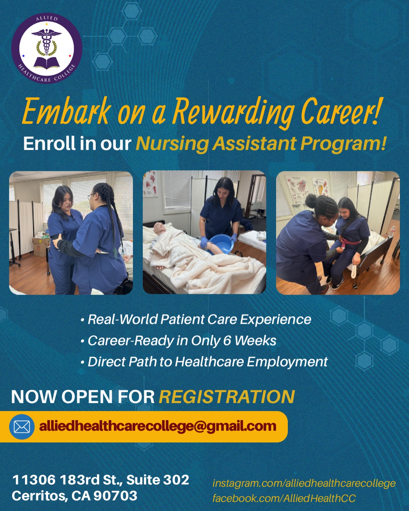 🌟 Embark on a Rewarding Career! 🌟
Ready to make a difference in people’s lives? Enroll in our Nursing Assistant Program at Allied Healthcare College and take the first step toward a meaningful healthcare career!
✔️ Real-World Patient Care Experience
✔️ Career-Ready in Only 6 Weeks
✔️ Direct Path to Healthcare Employment
⏳ Now Open for Registration!
📩 Contact us today: alliedhealthcarecollege@gmail.com
#AlliedHealthcareCollege #NursingAssistant #nurseassistant #certifiednursingassistant #nowenrolling