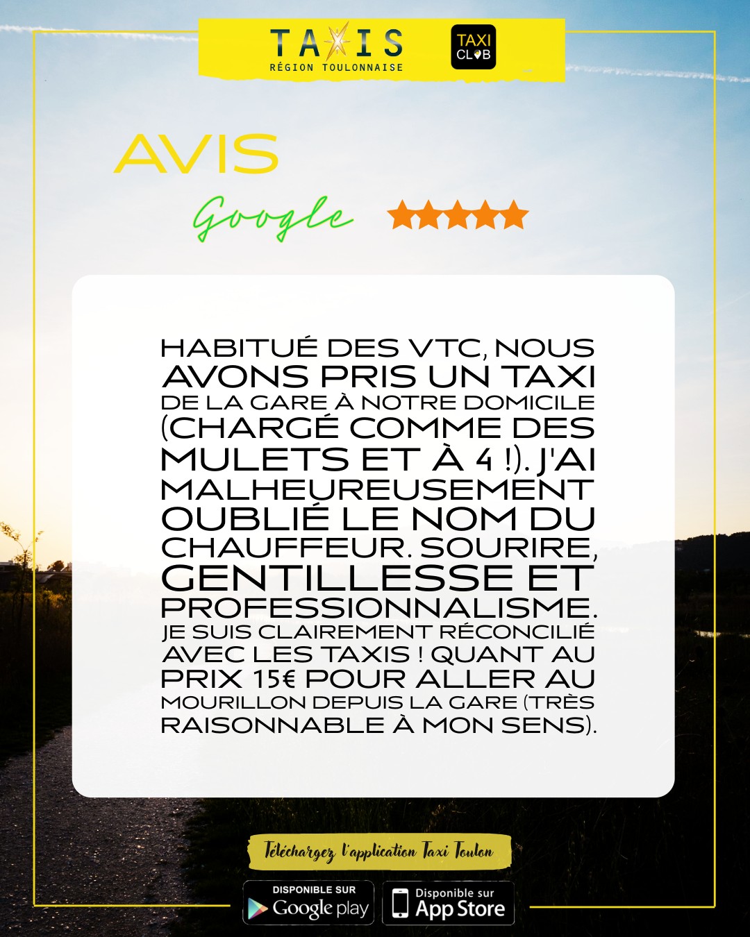 Merci pour vos avis ❤️🚕🙏🏻
📲 Réservez dès maintenant votre course en nous appelant ou via l'application Taxi Club (disponible sur le PlayStore et l'Apple Store).
🚕 Taxis de la région Toulonnaise
📞 04 94 93 51 51
💻 www.taxi-toulon.com
#taxi #taxitoulon #taxiclub #taxivarois #avis