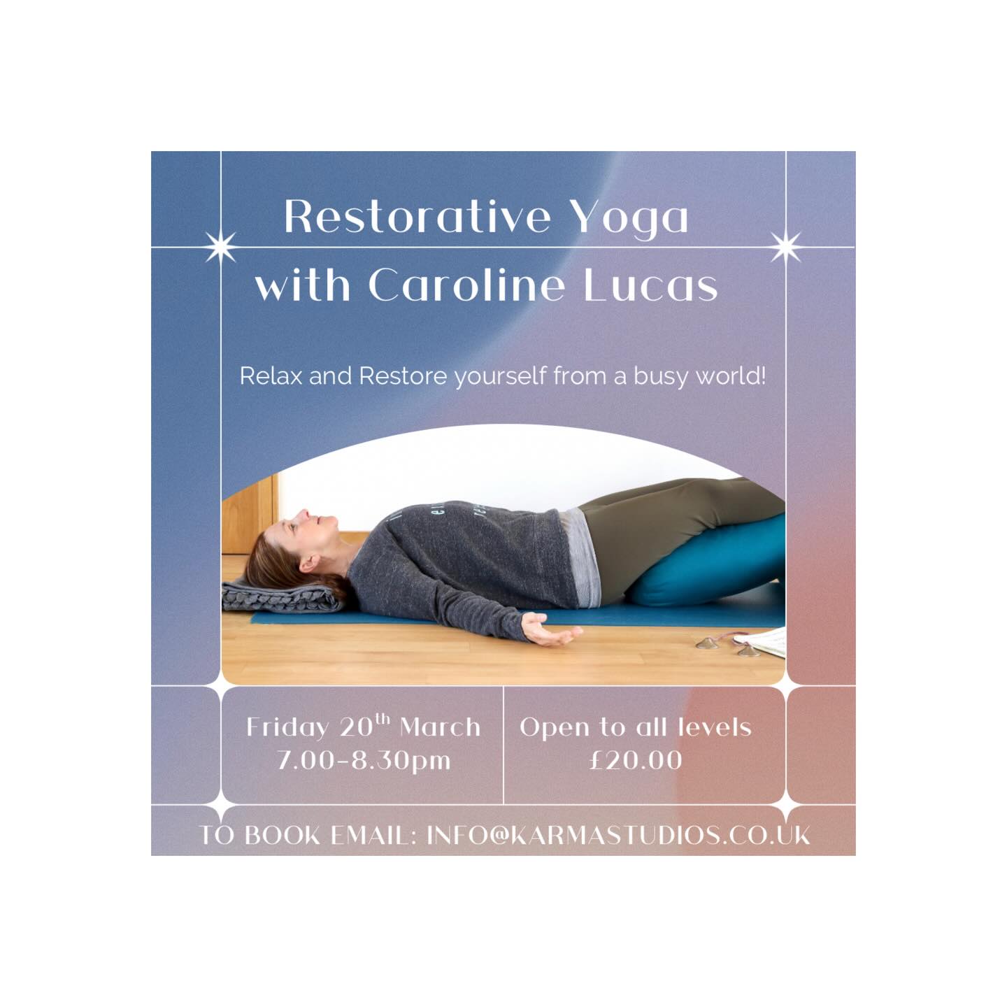 March Restorative Yoga
Friday 20th March | 7–8:30pm
Join us for a deeply restorative 90-minute practice to reset your nervous system, release the week, and step into your weekend with a sense of calm and balance.
To book, email info@karmastudios.co.uk