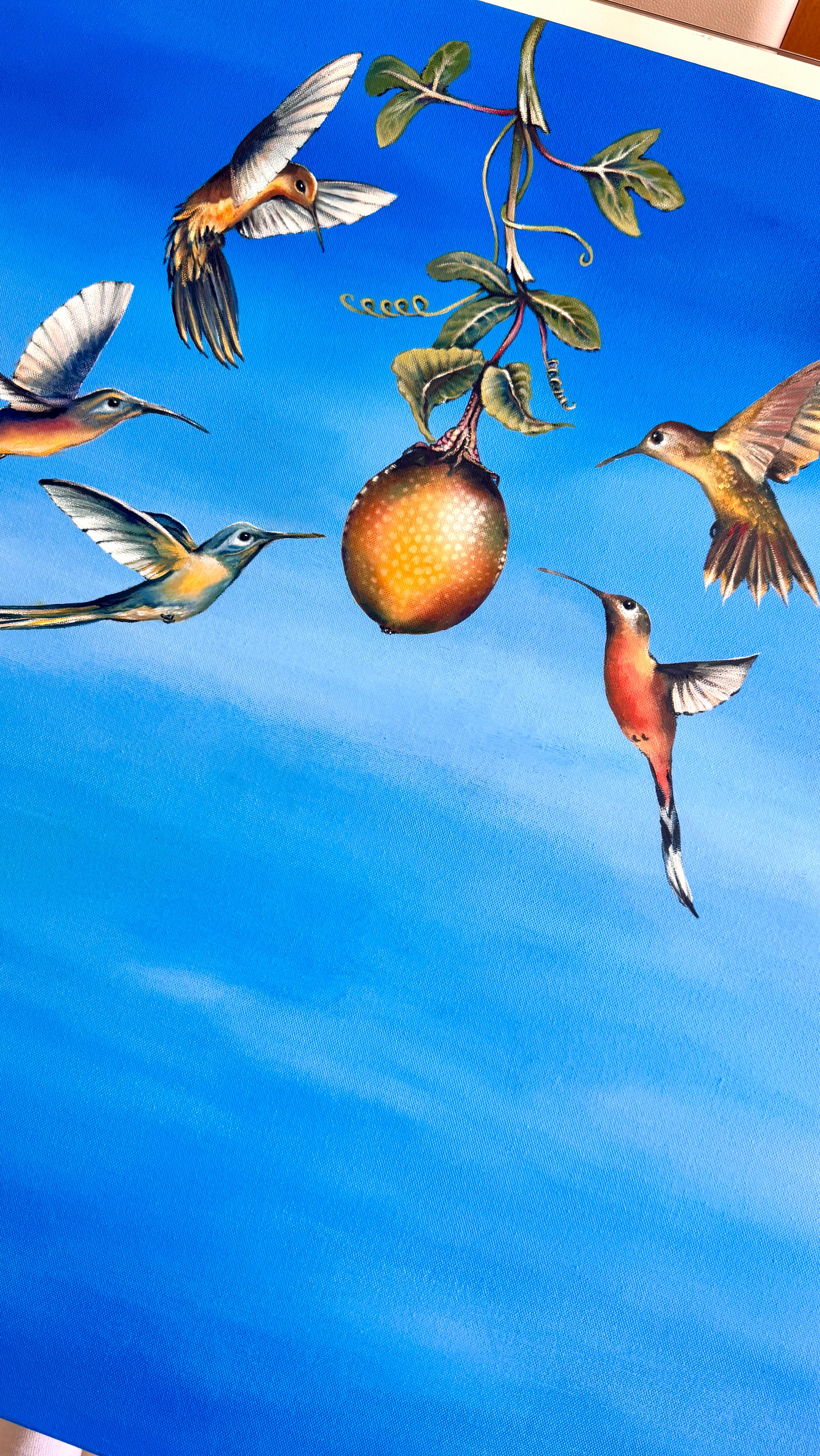 New work !!!!
A vivid, serene scene set against a rich blue sky that fades subtly in tone. At the center, a ripe, passion fruit hangs from a leafy vine, rendered with careful highlights that give it a luminous, almost jewel-like surface. Surrounding it are several hummingbirds in midair, each captured in a different pose.
The composition feels calm yet lively, combining realism with a slightly dreamlike clarity.
Oil on canvas
80x80cm
@thehydegallery
#new #art #wildlife #oilpainting #wildlife