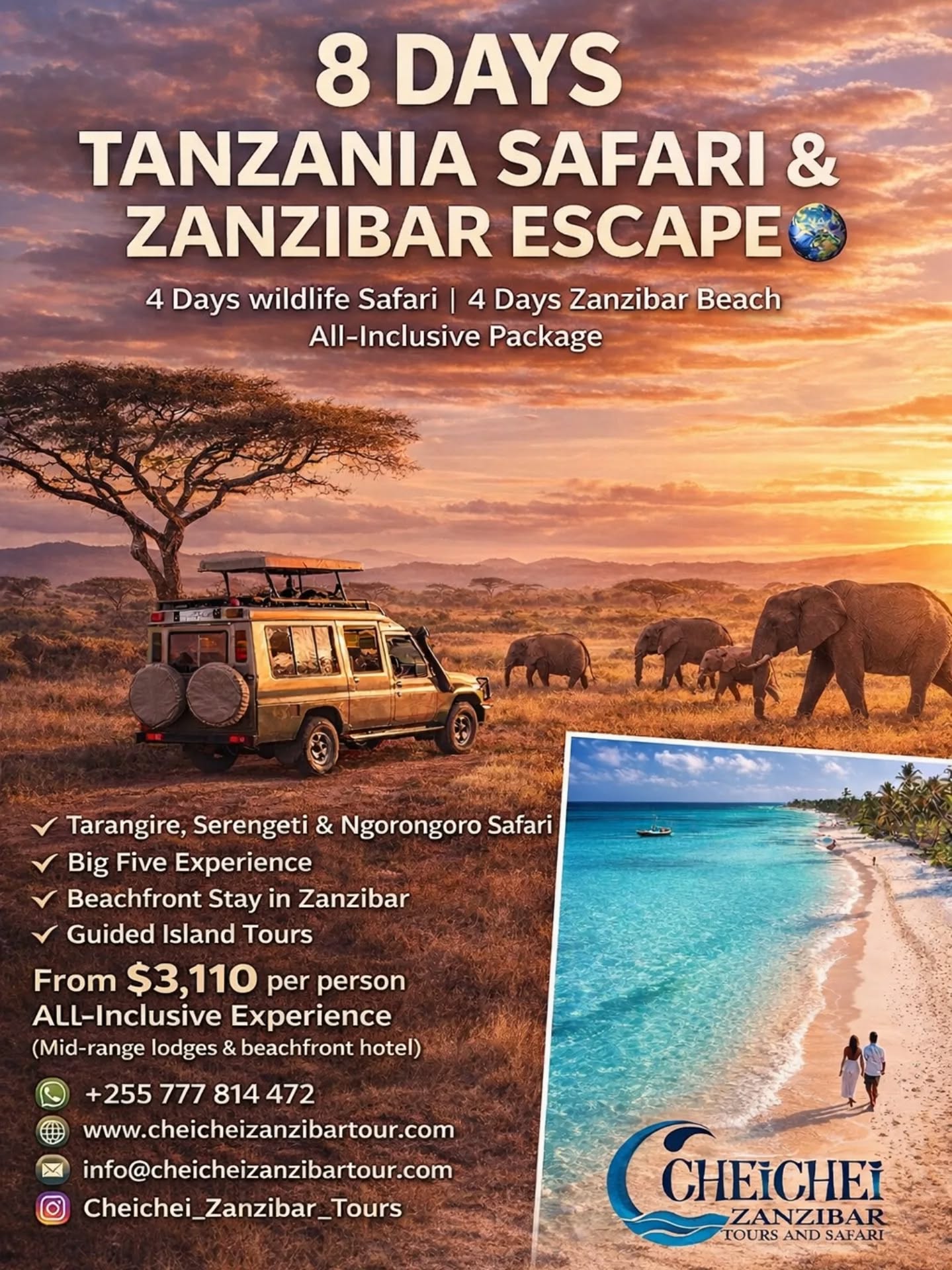 8 Days Tanzania Safari and Zanzibar Escape.
🏝️🧳🐘🦁
Discover Africa’s Legendary Big 5 : It is an All-inclusive package.
The package can be customized based on your Budget and number of persons.
Itinerary
Day 1 : Arrive JRO - Full day game drive at Tarangire National Park
Day 2 : Game drive at Serengeti National Park
Day 3 Game drive at Serengeti National Park
Day 4 : Game drive at Ngorongoro crater
Day 5 : Full day Relaxation at Beach hotel in Zanzibar
Day 6 : Half day tour : Turtles aquarium and Sunset cruise
Day 7 : Half day tour : Stone Town and Spice Farm tour
Day 8 : Depart Zanzibar
Please let us know your expected travel dates and Number of persons that we can share the full itinerary with you.
WhatsApp
+255 777 814472
Email
info@cheicheizanzibartour.com
Please visit our website
www.cheicheizanzibartour.com
🧳
🏝️
🐘
#tanzaniasafari
#zanzibar🇹🇿
#bigfivesafari
#cheicheizanzibartour
#tanzania