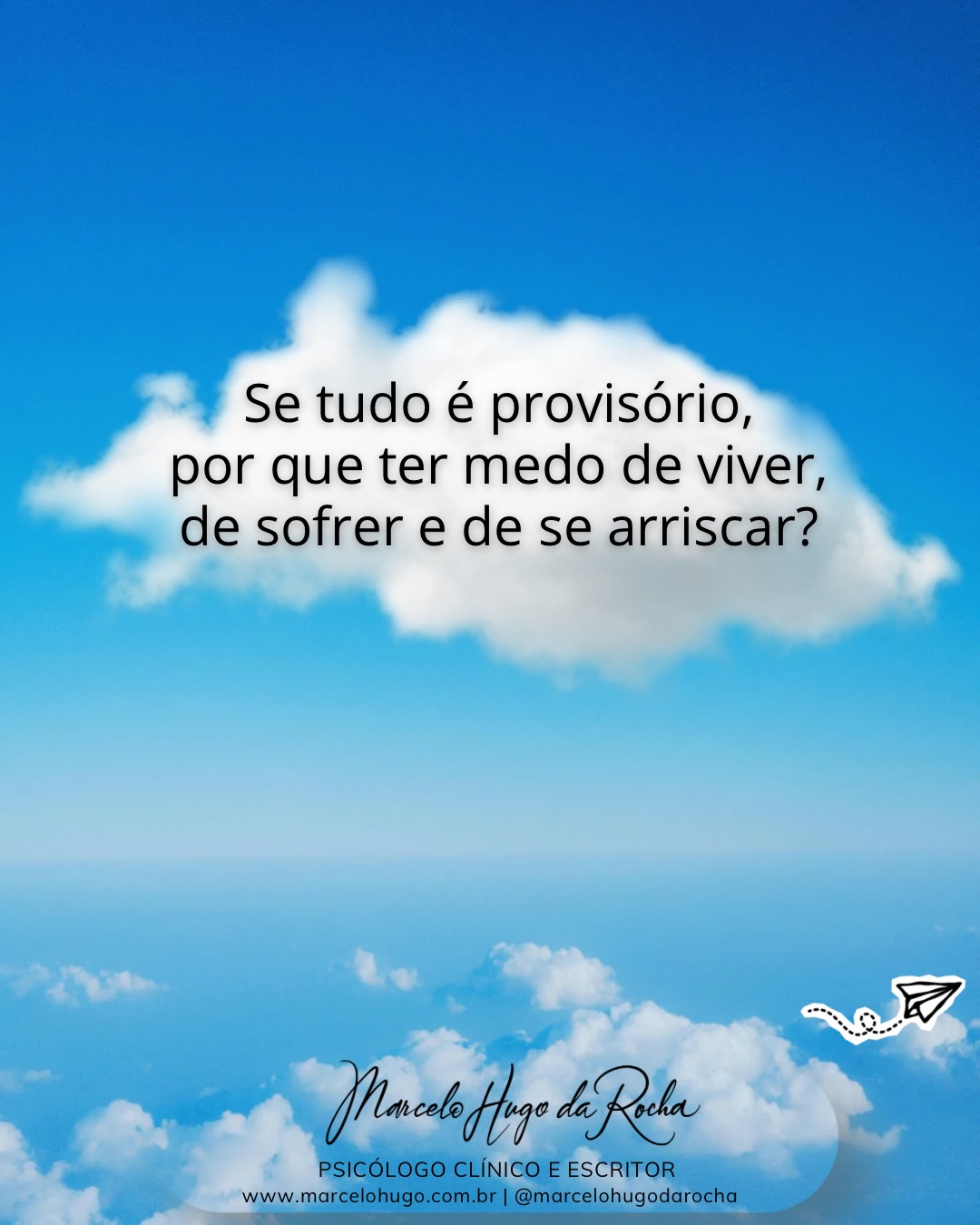 💭☁️💨
Pensamentos. Apenas, pensamentos.
Há quem pense demais, quem pense de menos. Mas somente pensar não resolve nada.
Fazer as perguntas certas é uma arte, mesmo que as respostas sejam incertas e gerem mais dúvidas.
A premissa é que queremos controlar tudo, o passado, o presente e o futuro, além das outras pessoas. E grande parte dos pensamentos gira em
torno disso.
É um bom tema para um próximo livro.
Marcelo Hugo da Rocha
Psicólogo e Escritor
www.marcelohugo.com.br
#terapiaemdia #marcelohugodarocha #estoicismo #controle #autoconhecimento