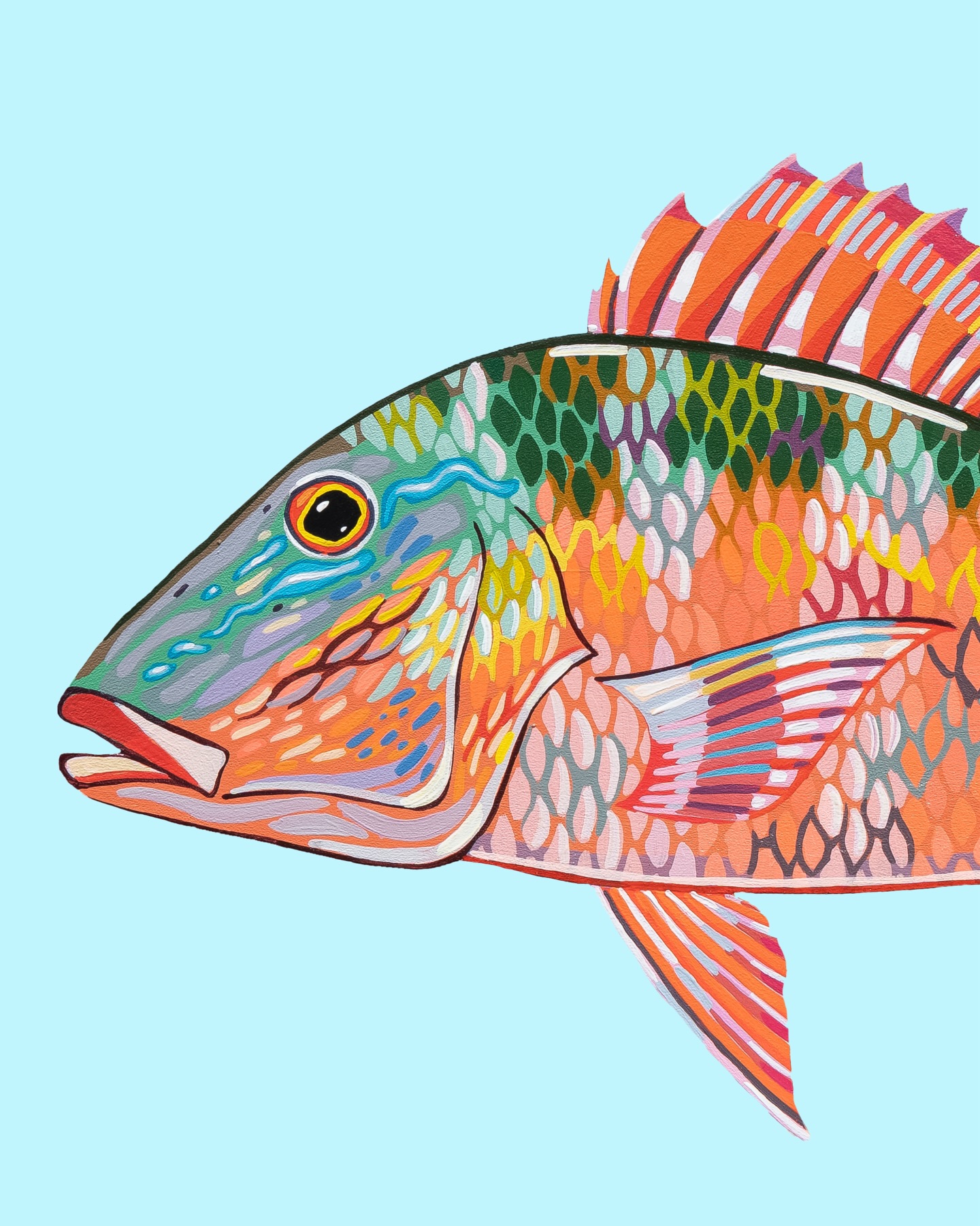 “Mutton Snapper”, 2025
Acrylic on laser-cut birch
11 1/2” x 21 1/2 “
Sold
When approaching these singular fish cutout pieces, I love sifting through images of the particular fish, honing in on how the scales flash, how the patterns shift, and simply the variety of color within each one. From there, it is approached broken down with shape, pattern, and color, having somewhat of a plan but also inventing along the way. The method reflects the playfulness and vibrancy felt while working on these pieces, recalling memories spent with people near to me and the fish as the subject. How different spaces and people and ages are all connected to a common thread.