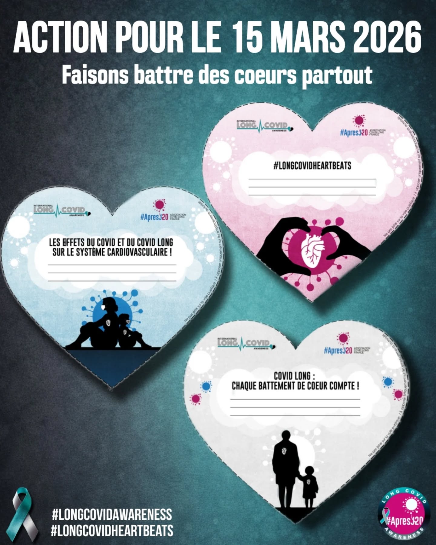 🗓️15 mars 2026 – Journée internationale de sensibilisation au #CovidLong
Le Covid Long isole.
Il rend invisibles des millions de vies.
À l’occasion de cette journée, nous lançons un mouvement simple, visible et symbolique :
💛 Faisons battre des cœurs partout.
Ensemble, rendons visible ce qui ne se voit pas.
Collez-les quand vous le souhaitez.
Prenez-les en photo.
Partageons-les pour les rendre visibles ensemble.
🫀 Chaque cœur est un message
Une histoire.
Une réalité.
Une vie impactée.
📎 Les visuels sont disponibles ici :
https://www.apresj20.fr/ressources
Comment participer ?
1️⃣ Choisissez un cœur
2️⃣ Imprimez-le
3️⃣ Découpez-le
4️⃣ Écrivez quelques mots sur votre réalité avec la maladie
5️⃣ Collez-le à l’endroit de votre choix
(ou demandez à un proche de le faire pour vous 💛)
6️⃣ Prenez-le en photo
7️⃣ Partagez la photo sur les réseaux avec les hashtags :
#LongCovidAwarenessDay
#LongCovidHeartBeats
👉 Vous pouvez aussi nous envoyer la photo en message privé.
📩 Pour que votre cœur soit mis en avant le 15 mars,
envoyez-nous votre photo avant le 14 mars.
Les cœurs reçus continueront d’être partagés tout au long du mois.
Vous êtes proche aidant ?
Collez un cœur pour la personne que vous accompagnez.
Vous êtes trop sévèrement atteint pour sortir ?
Un proche peut participer pour vous.
Et si ce n’est pas possible, relayer l’action compte aussi.
⚠️ Important
• Ne rien jeter sur la voie publique
• Utiliser uniquement des emplacements autorisés
Chaque participation compte.
Le 15 mars est un point de ralliement.
Pas une limite.
Faisons battre des milliers de cœurs.
Pour celles et ceux qu’on ne voit pas.
Pour rendre visible le Covid Long.
Pour que chacun comprenne qu’il existe.
Et qu’il touche des millions de personnes. 💛
#LongCovidAwarenessDay
#LongCovidHeartBeats