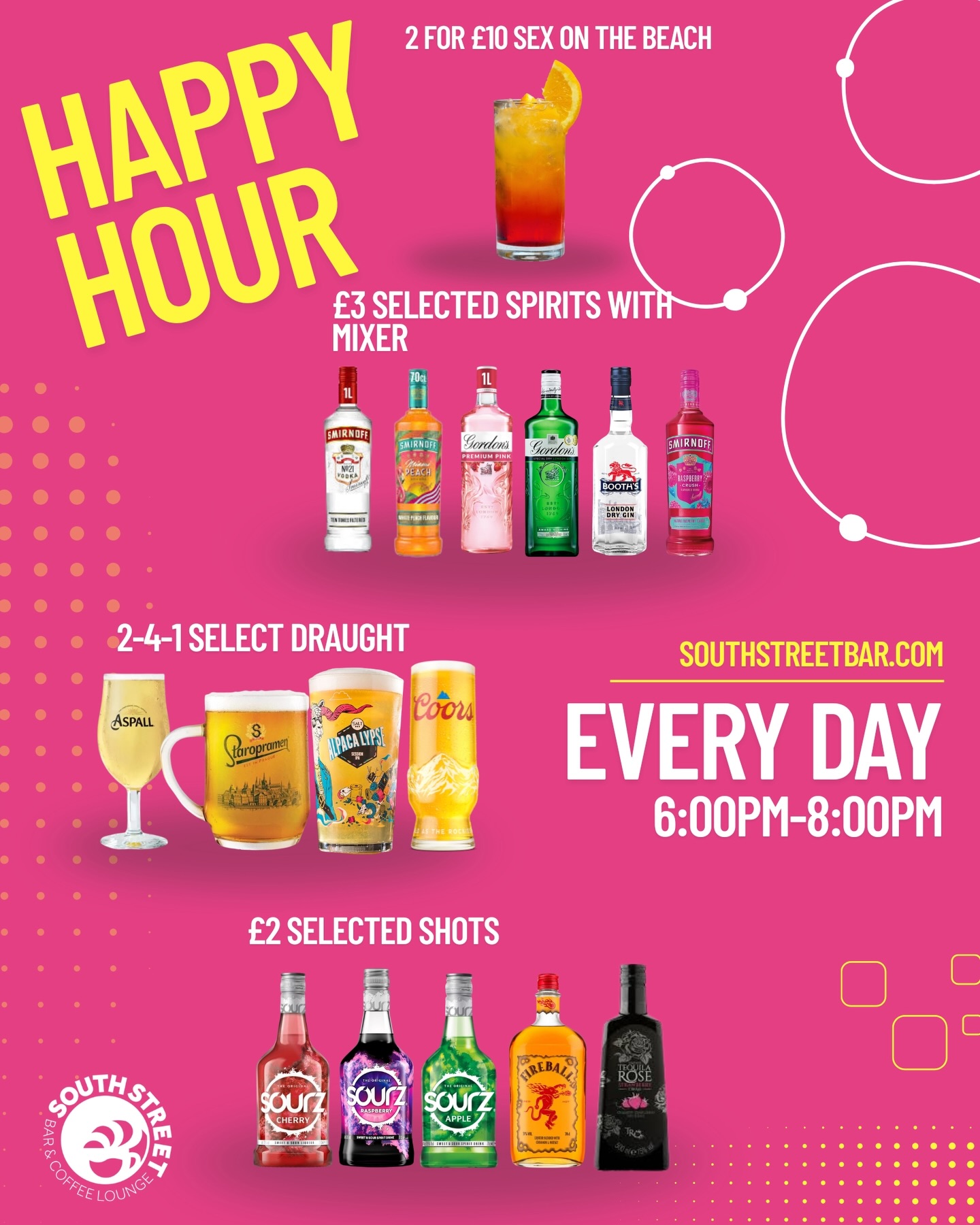 🍹✨ HAPPY HOUR JUST GOT BETTER ✨🍺
Join us EVERY DAY from 6PM–8PM for the ultimate after-work wind down 👇
🔥 2 for £10 Sex on the Beach
🥃 £3 selected spirits with mixer
🍻 2-4-1 selected draught
🎉 £2 selected shots
Whether you’re starting the night or just popping in for “one” 👀… we’ve got you covered.
Tag your happy hour crew & we’ll see you at the bar 🍸
#HappyHour #SouthStreetBar #SouthendNights #CocktailTime #AfterWorkDrinks