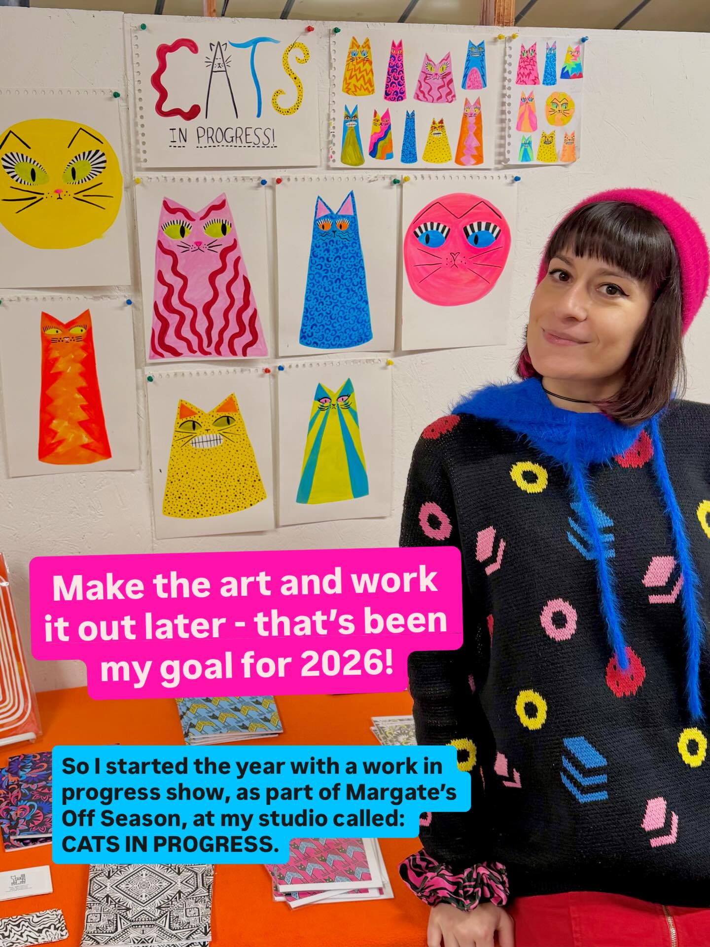 Wanna kick start your creative year? Just sign up for an exhibition with less than a month to prepare!! 😅 cos we love a deadine!!
In January I took part in @offseasonmargate with a very casual low key show of my work in progress - or CATS in progress, if you will! 😸
If you know me, you know how obsessed I am with cats. So, of course, it had to be cat-related!
I’d been thinking about some kind of cat project for a while, so it felt so good to have a deadline to put some out into the world!
These are sketches, at best, and I’m not sure what I will do with them, but I’m hoping to develop them into something purrrrfect for all the cat lovers.
Usually I create very much with a customer and a (fashion) product in mind.. so it’s been fun to just follow my intuition and create without thinking too much.. now that I’m creating without limitations, I’m finding that even more ideas are coming to me than usual!
So I’m going to trust the process and see where these sassy cats wanna go!
I guess they could be fashion products, interiors products.. or just illustrative art in their own right..!
I got some amazing ideas from people at the @offseasonmargate open studios. So I thought I’d show you too! What do you think these kitties could be?