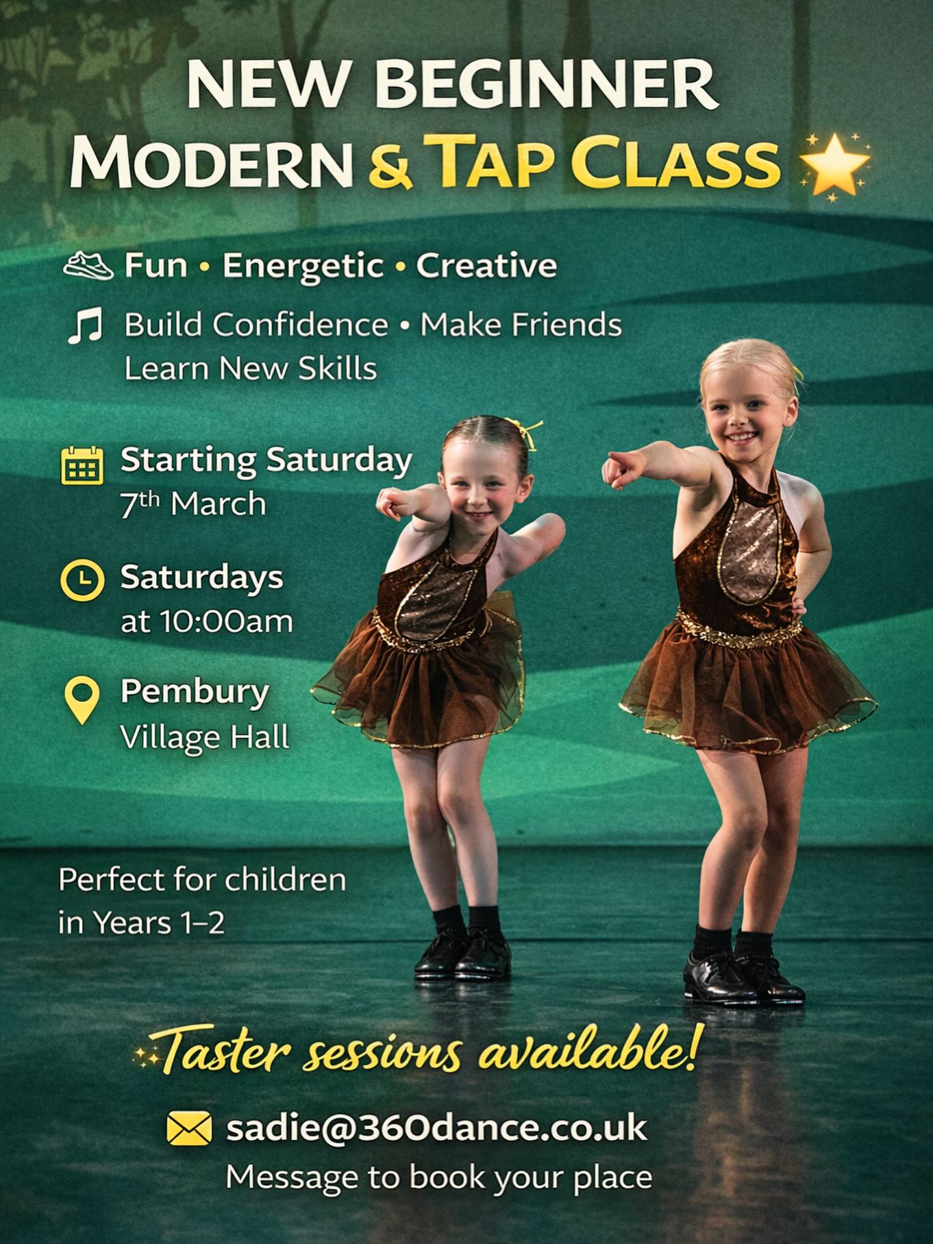 New Beginner Modern & Tap Class starting Saturday 7th March! 🌟
Perfect for children in Years 1–2 who love to move, learn and build confidence in a fun, supportive environment.
🗓 Saturdays at 10am
📍 Pembury Village Hall
✨ Taster sessions available
To book your place email:
📩 sadie@360dance.co.uk
Spaces are limited 💛
#Pembury #KidsDance #TapClass #ModernDance #tunbridgewells