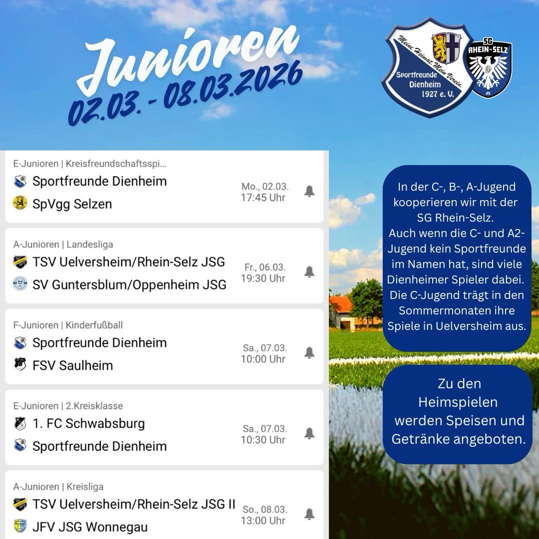 Wir starten voll motiviert in die neue Woche und freuen uns auf euren Besuch bei einem unserer Spiele! Schon heute geht es los und die Woche verspricht spannende Spiele bei bestem Wetter!
💙🤍
#dienheim #dienem #sportfreunde #meineheimatmeinverein #fussball