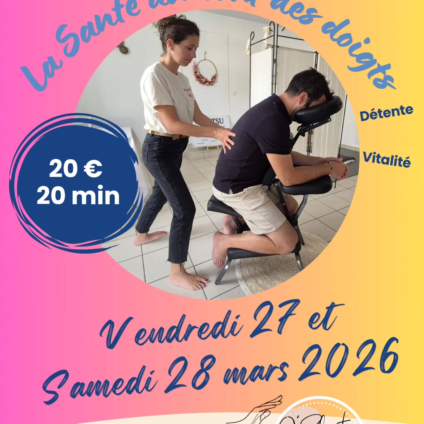 🌿 Journées Découverte – Shiatsu Assis 🌿
Je suis heureuse de vous proposer 2 journées dédiées au shiatsu assis pour découvrir cette pratique issue de médecine traditionnelle chinoise
📅 Vendredi 27 mars 2025
📅 Samedi 28 mars 2025
Le shiatsu est une technique manuelle d’origine japonaise qui signifie littéralement « pression des doigts ». Il se pratique assis, habillé et sur chaise ergonomique, pour un moment de détente accessible à tous.
✨ Au programme :
• Séances courtes de découverte
• Détente profonde
• Relâchement des tensions
• Un temps pour soi, tout simplement
🎁 Offre spéciale Découverte
Pour ces deux journées uniquement :
👉 20 € la séance au lieu de 30 €
(Offre valable sur réservation – places limitées)
Le shiatsu assis est idéal pour :
✔ Soulager le stress
✔ Détendre le dos, les épaules et la nuque
✔ Retrouver énergie et clarté mentale
📍 Nuillé-Le-Jalais
⏳ Sur rendez-vous
👉 Pour réserver votre créneau, envoyez-moi un message privé ou contactez-moi au 06 89 64 59 56
www.oriannetricot.com
Au plaisir de vous faire découvrir les bienfaits du shiatsu 🌸
O'Shiatsu Orianne Tricot