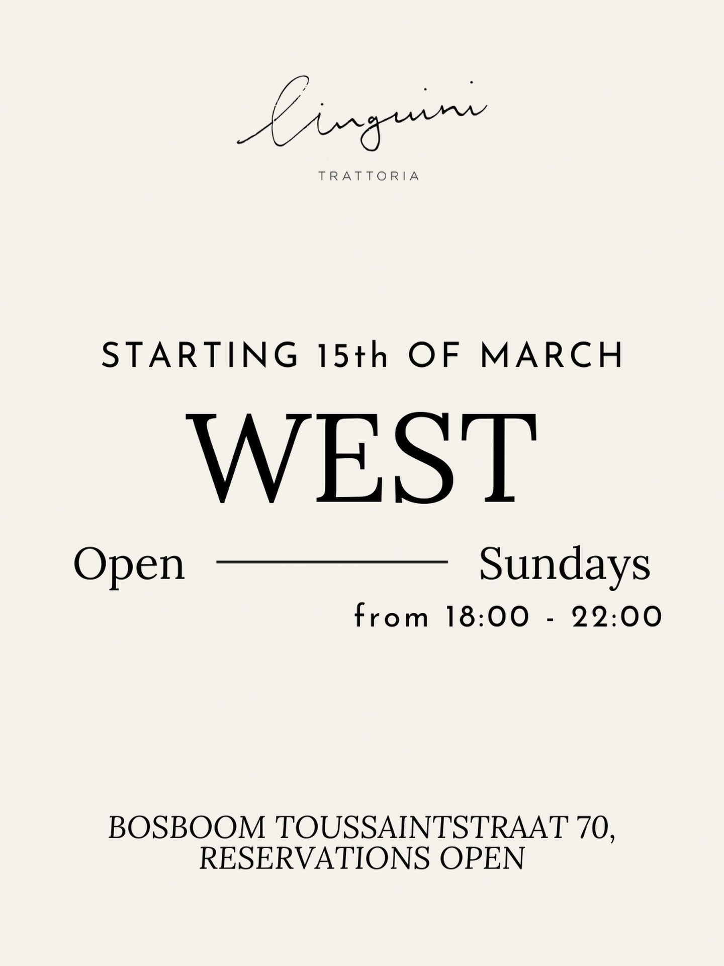 Sundays are getting even better.
From March 15st, Linguini Trattoria in West is open on Sundays as well.
18:00 - 22:00 at Bosboom Toussaintstraat 70.
Reservations are live, save your spot. Ci vediamo.