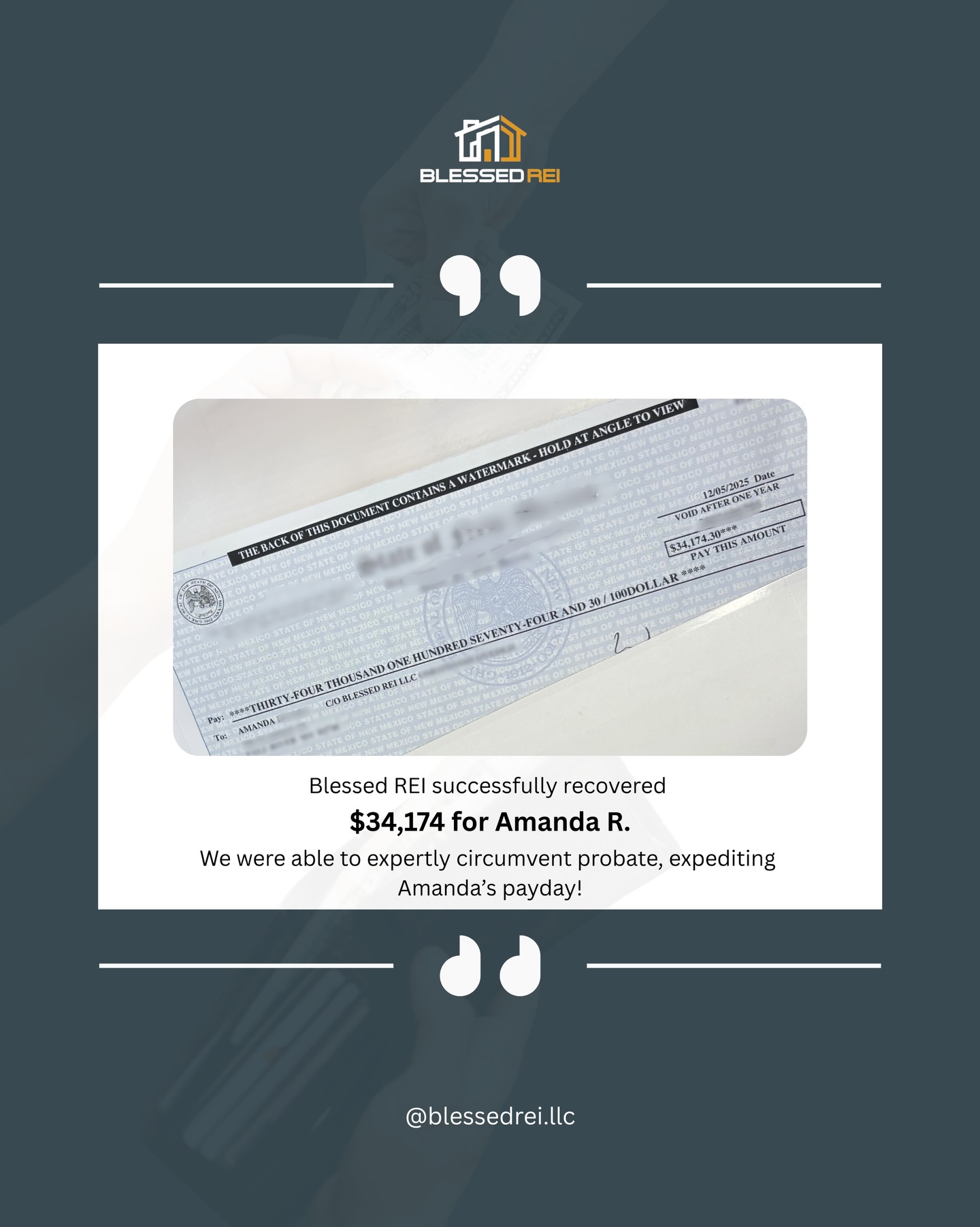 When probate is involved, recovering excess proceeds can become delayed or confusing.
In Amanda’s case, we were able to properly navigate the legal process and recover her funds efficiently, without unnecessary delays.
Every situation is different, but clarity and the right steps matter.
If you think probate may affect your excess funds claim, let’s talk. We offer free consultations.
#SurplusProceeds #ExcessFundsRecovery #ProbateProcess #BlessedREI
